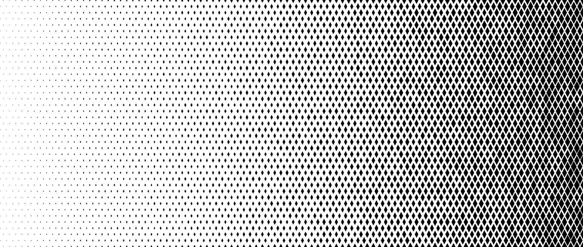 Rhombus gradient halftone texture. Diamond dots fading pattern. Abstract geometric particles vanishing gradient background. Rhomb shape grunge overlay structure. Black and white wallpaper vector