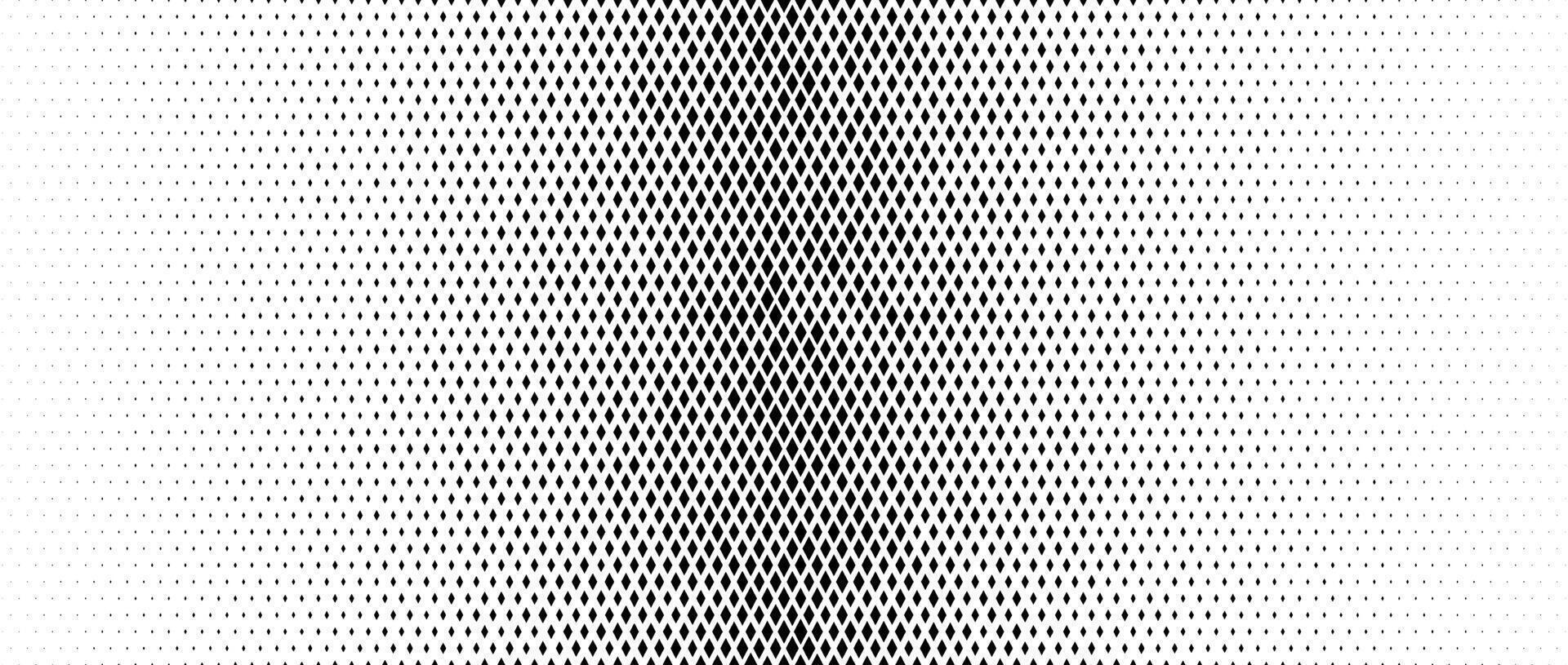 Rhombus gradient halftone texture. Diamond shape dot fading background. Abstract geometric particles vanishing gradation backdrop. Rhomb shape grunge overlay structure. Black white wallpaper vector