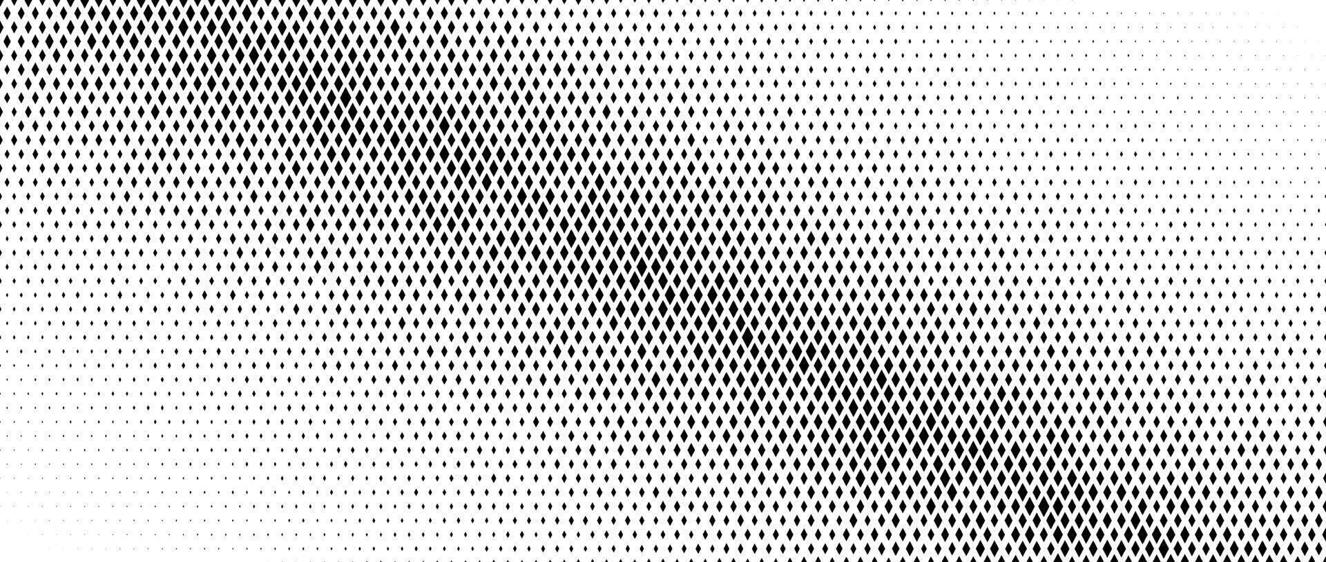 Rhombus gradient halftone texture. Diamond shape dot fading background. Abstract geometric particle vanishing gradient. Rhomb shape grunge overlay structure. Black white wallpaper vector