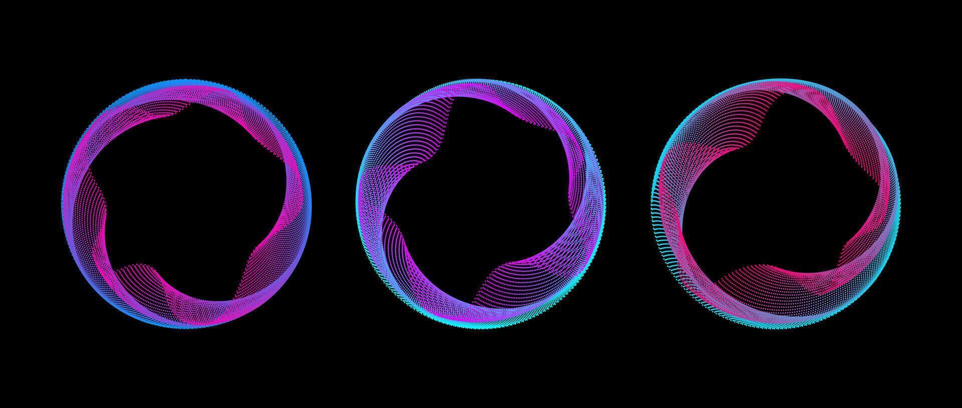 Neon iridescent gradient dotted circle set. Colorful glowing round tech frame collection. Curved wave dot line circles on black background. Bright circular border pack. design element bundle vector