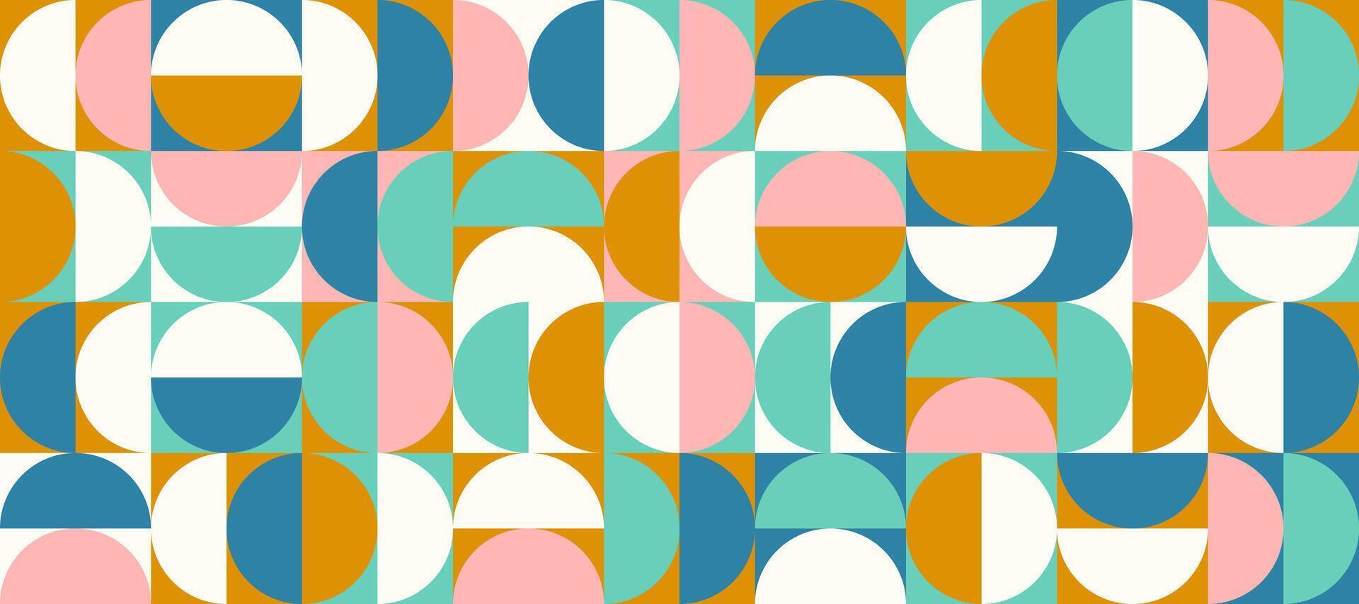 Bright semicircle seamless pattern. Abstract geometric half circle and square repeating background. Color Swiss modernism or postmodernism style wallpaper. Pink, golden, green modular backdrop vector