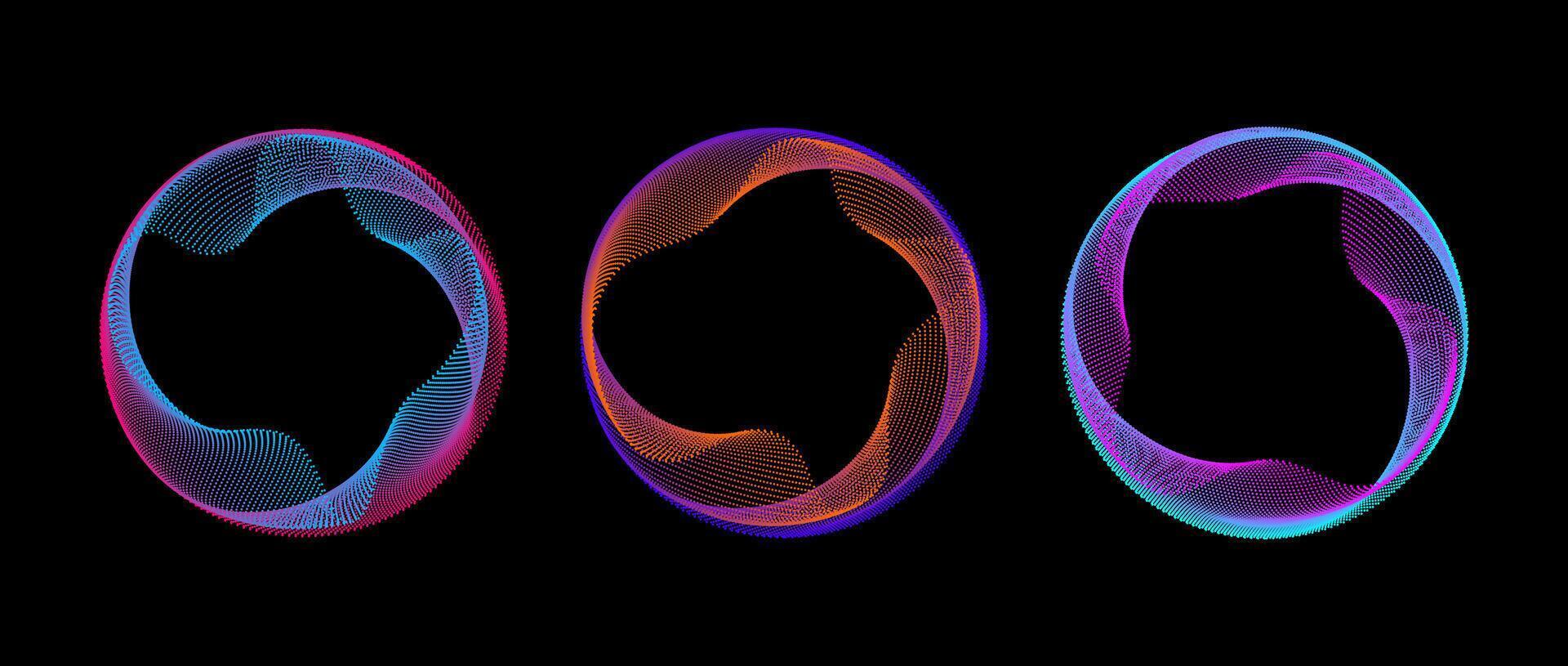 Neon iridescent gradient dotted circle set. Colorful glowing round tech frame collection. Curved wave dot line circles on black background. Colorful circular border pack. Design element bundle vector