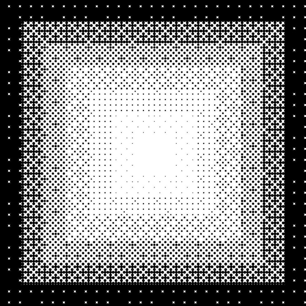 Pixelated gradient square frame. Black dithered radial gradation texture. Retro bitmap game background. Halftone 8 bit wallpaper. Vintage rectangle pixel art border. vector