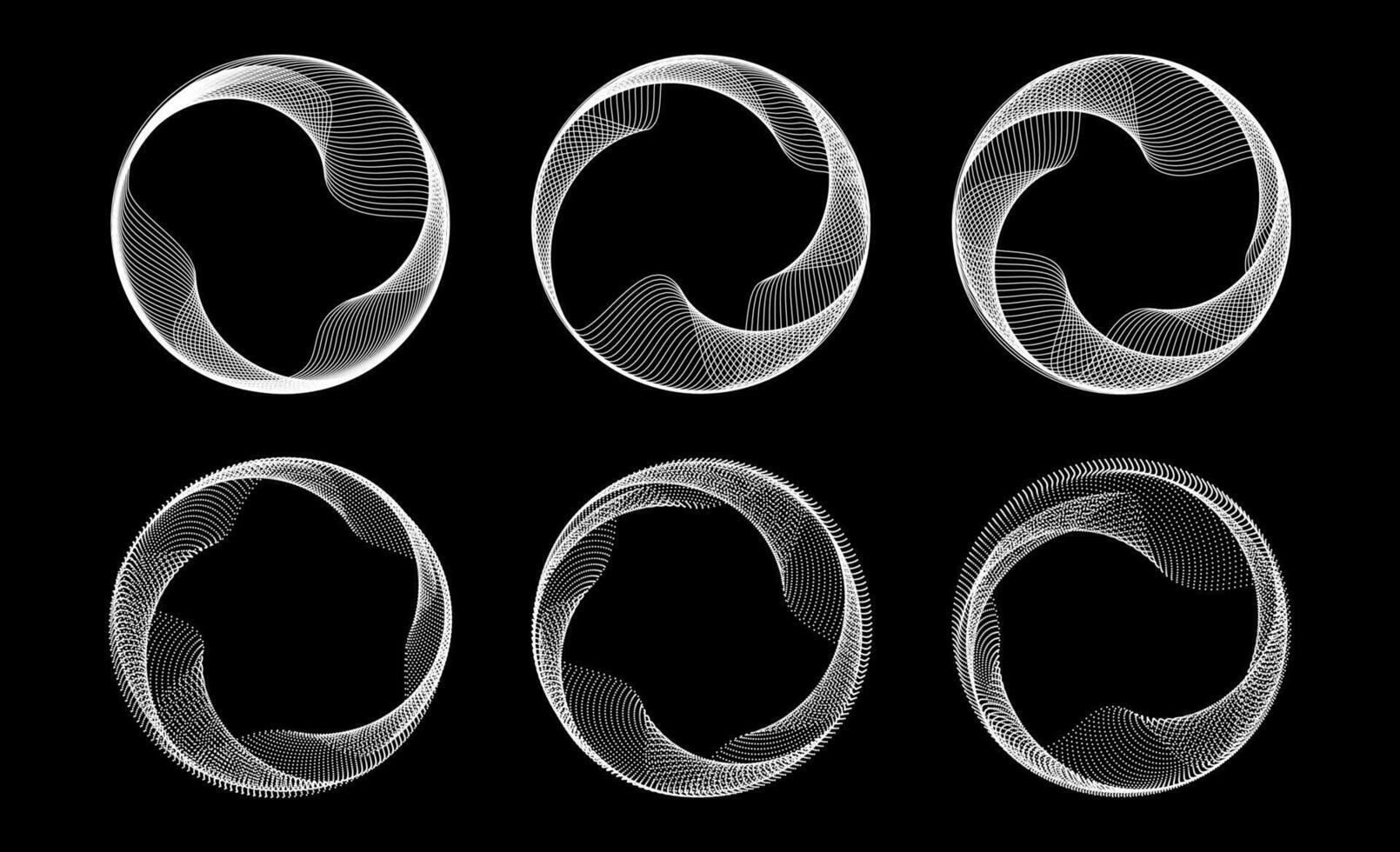 Blend dotted and linear circle frames set. Black and white round border collection. Curved wave dot and line circles on black background. Circular tech border pack. Design element bundle vector