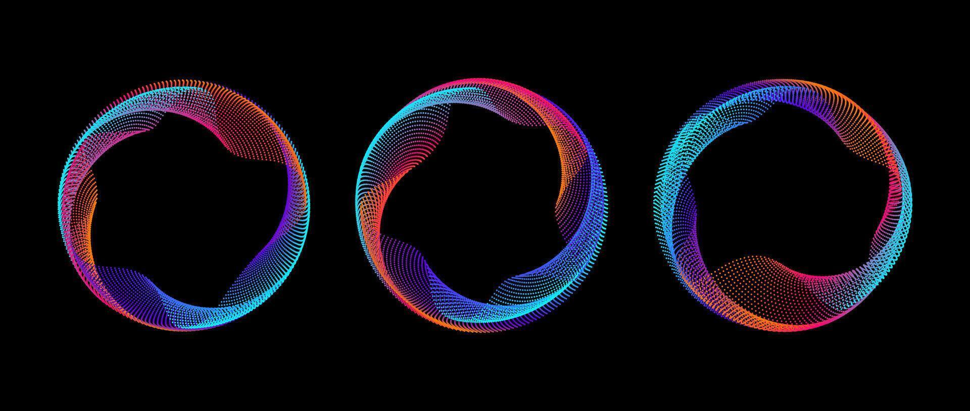 Neon iridescent gradient dotted circle set. Colorful glowing round tech frame collection. Curved wave dot line circles on black background. Bright spinning circular border pack. Element bundle vector