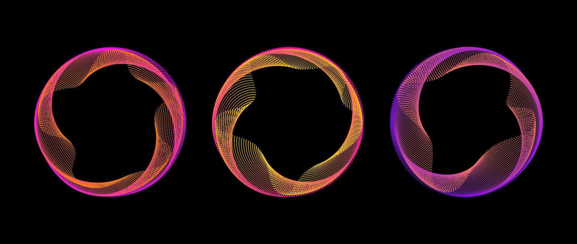 Neon gradient dotted circle set. Pink orange purple glowing round tech frame collection. Curved wave dot line circles on black background. Colorful circular border pack. Design element bundle vector