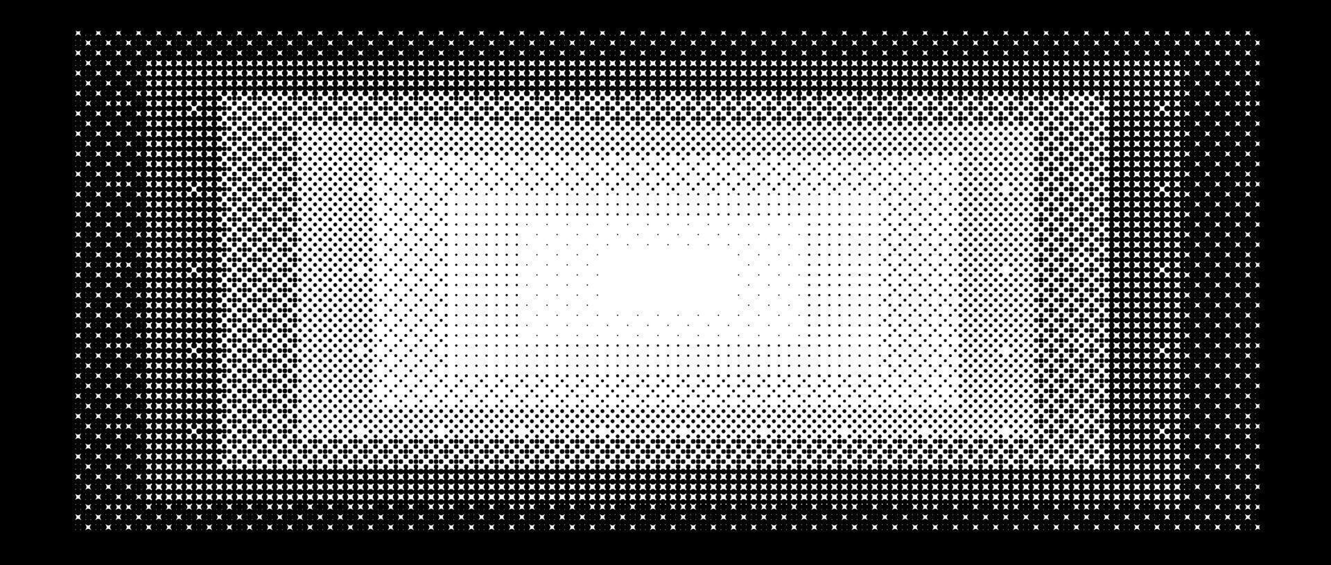 Pixelated gradient rectangle frame. Black dithered central gradation texture. Retro bitmap game background. Halftone 8 bit wallpaper. Vintage rectangular pixel art border. Vanishing backdrop vector