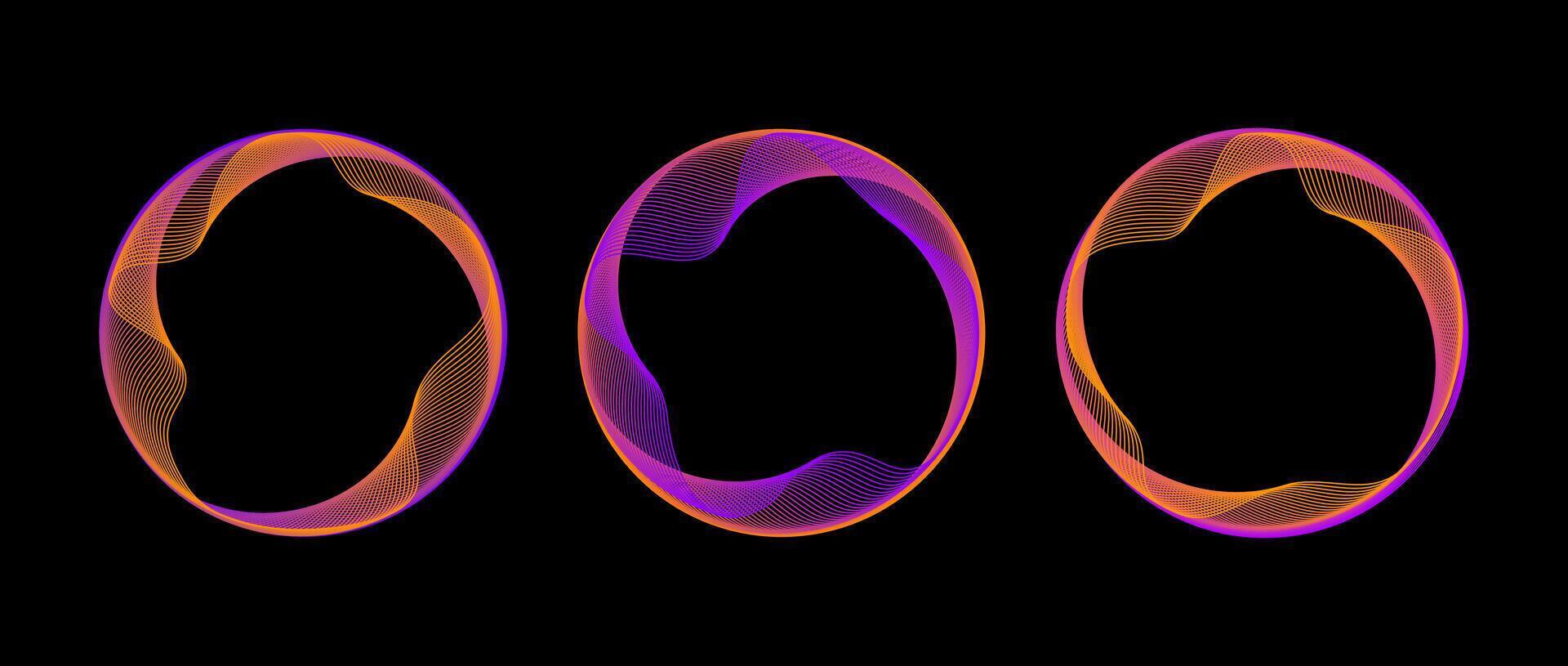 Neon blend circle line set. Colorful glowing round tech frame collection. Curved wavy line circles on black background. Bright orange purple gradient circular border pack. Design element bundle vector