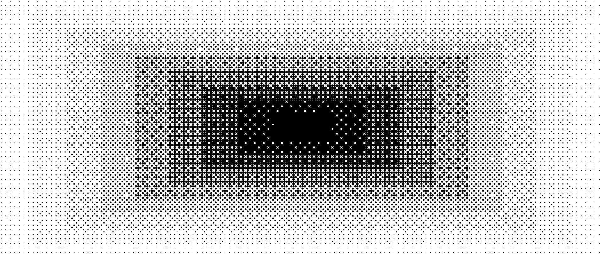 Pixelated gradient rectangle frame. Black dithered radial gradation texture. Retro bitmap game background. Halftone 8 bit wallpaper. Vintage rectangular pixel art border. Vanishing backdrop vector