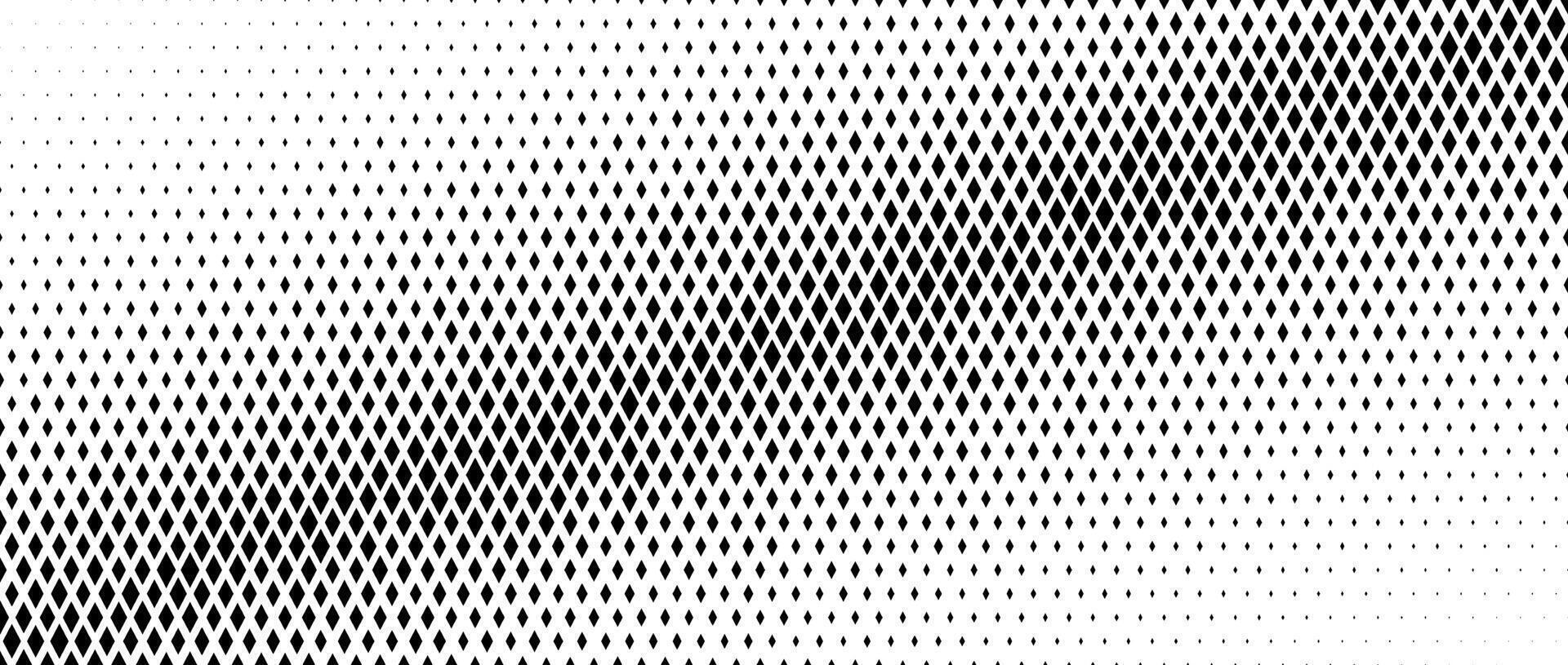Rhombus grain halftone gradient texture. Diamond shape dot fading background. Abstract geometric particle vanishing gradient. Rhomb shape grunge overlay structure. Black and white wallpaper vector