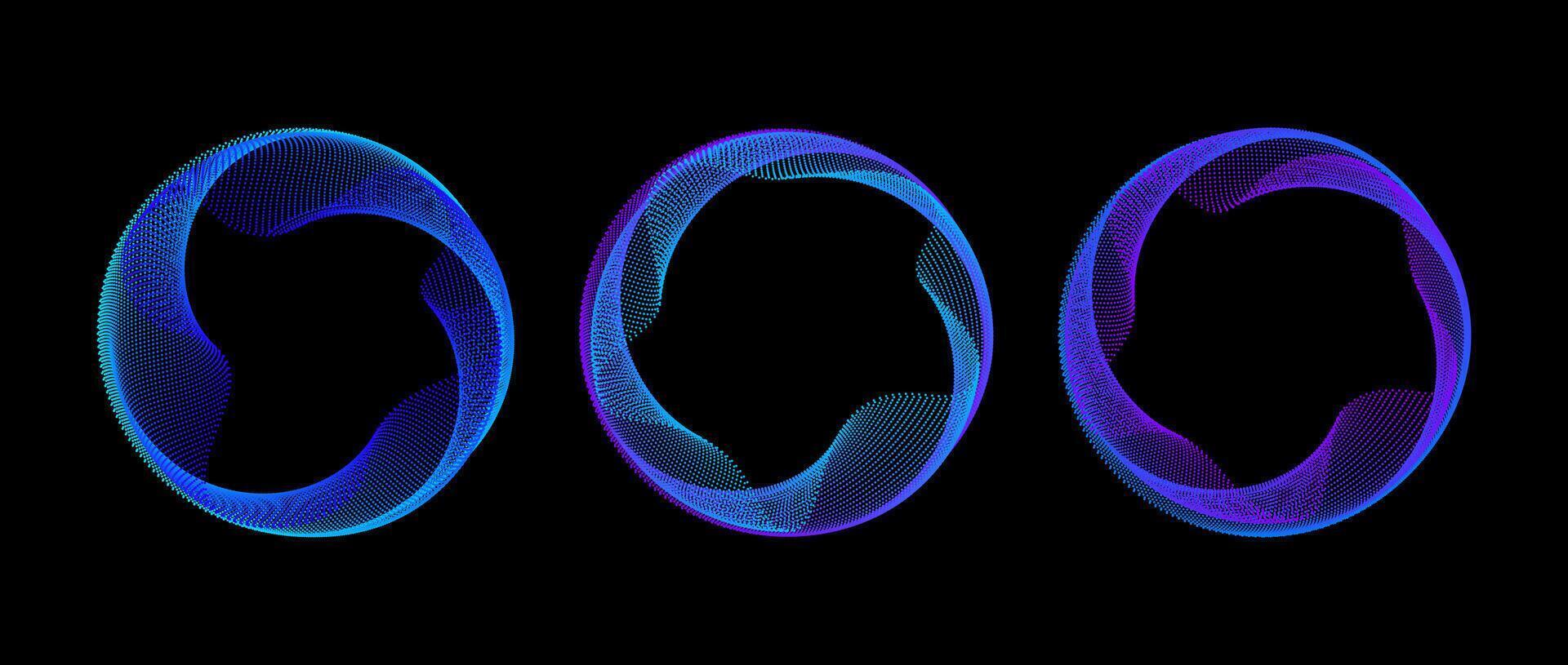 Neon dotted circle set. Blue purple glowing round tech frame collection. Curved wave dot line circles on black background. Bright colorful gradient circular border pack. Design element bundle vector