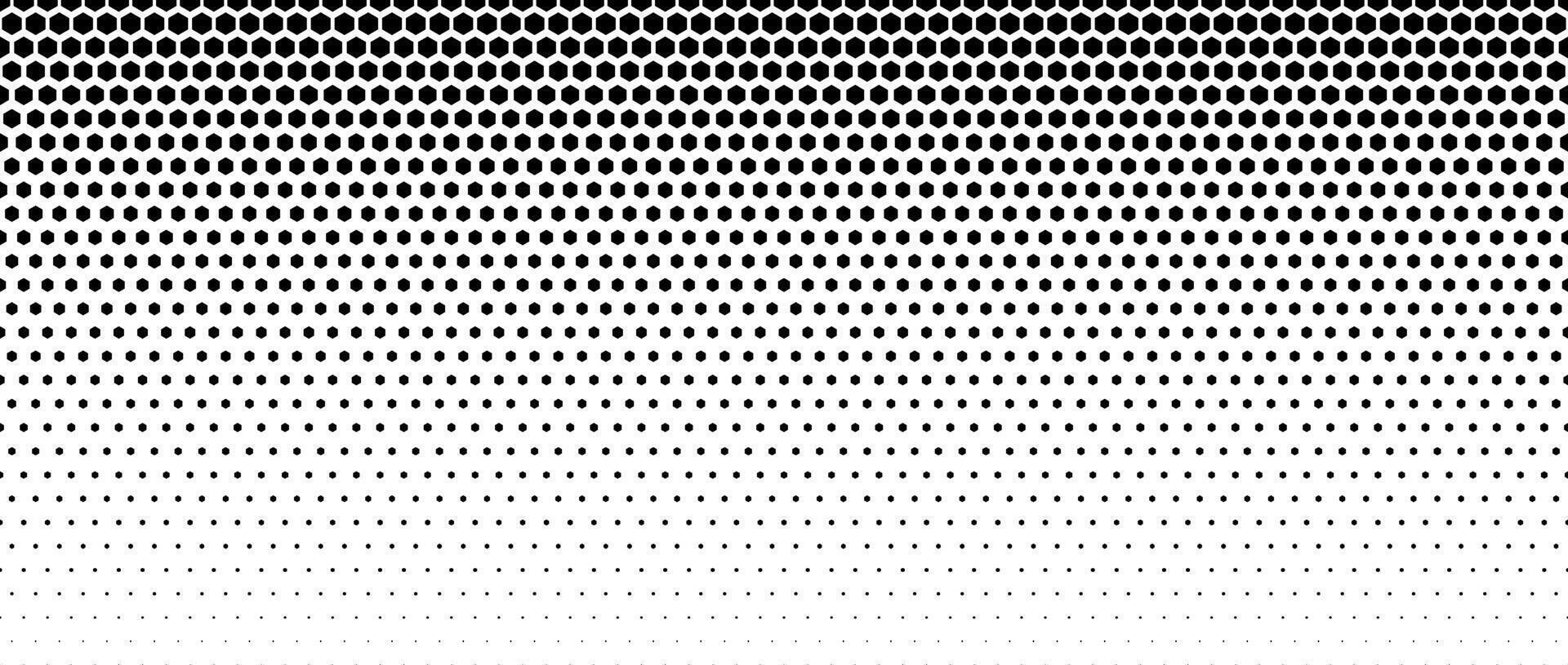 Hexagon dot halftone gradient texture. Abstract black grunge hex gradation background. Geometric retro tech wallpaper. Fading hexagonal pattern backdrop. Vanishing honeycomb grunge overlay vector