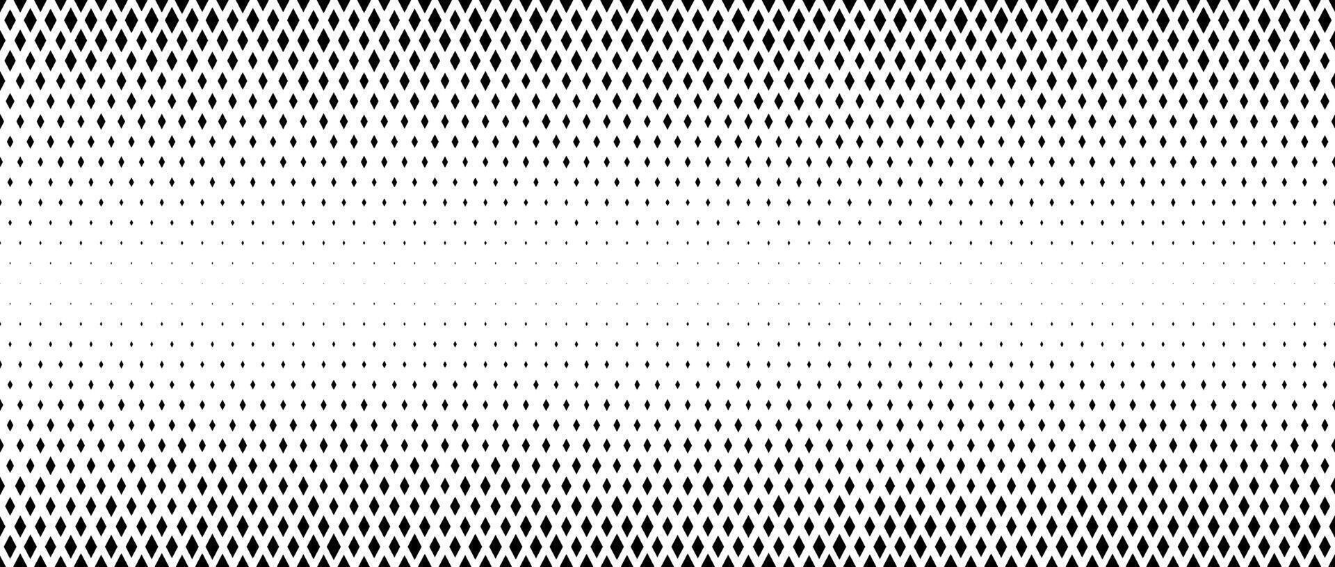 Rhombus gradient halftone texture. Diamond shape dots fading background. Abstract geometric particle vanishing backdrop. Rhomb shape grunge overlay structure. Black and white wallpaper vector