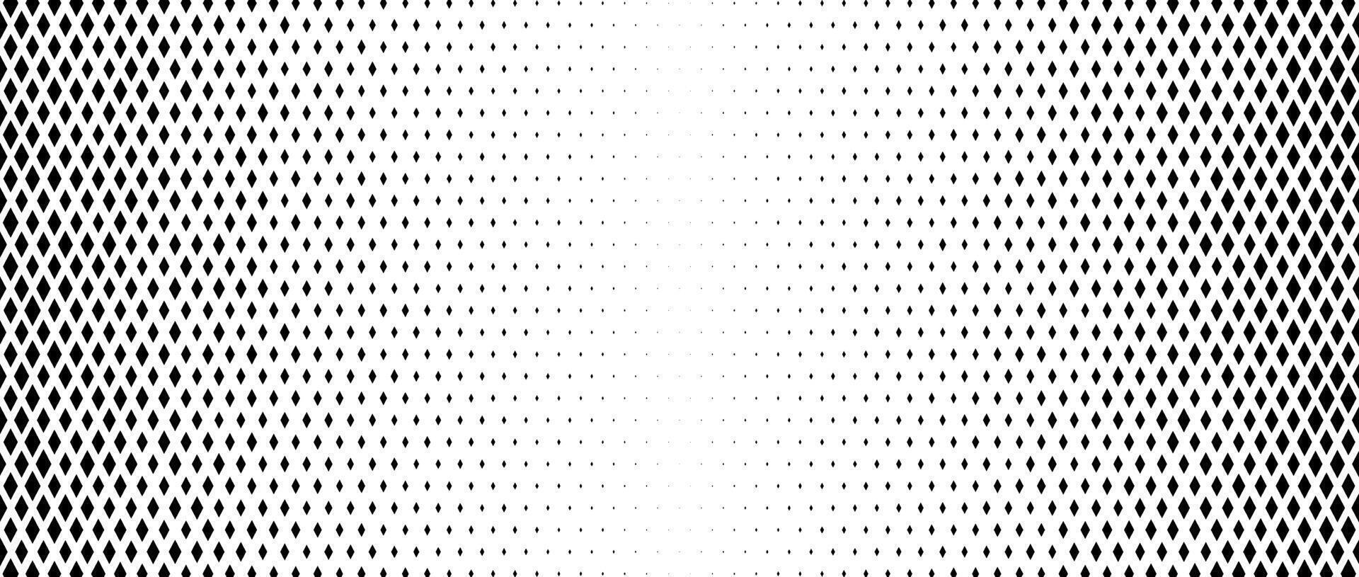 Rhombus gradient halftone texture. Diamond shape dots fading background. Abstract geometric particle vanishing backdrop. Rhomb shape grunge overlay texture. Wide black white wallpaper vector