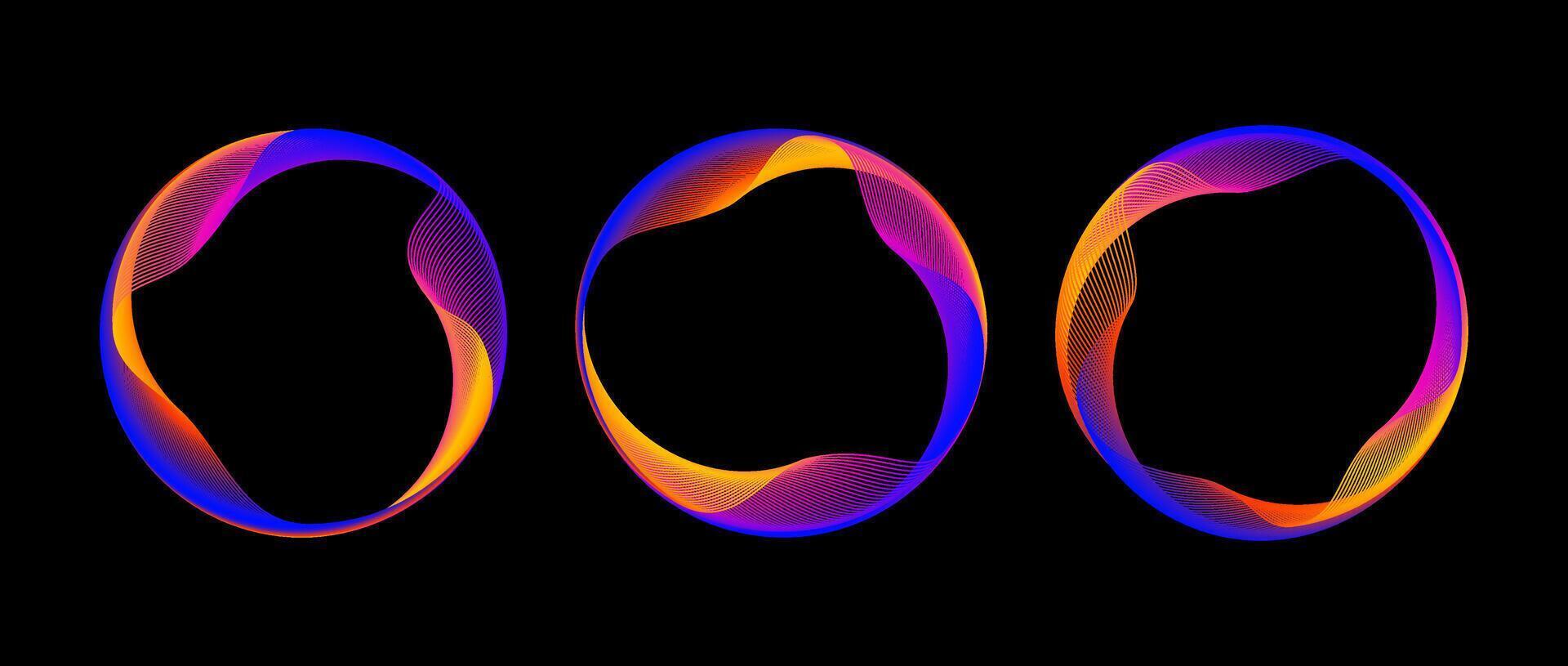 Neon iridescent blend circle line set. Shimmering glowing round tech frame collection. Curved wavy circles on black background. Bright gradient circular border pack. Design element bundle vector