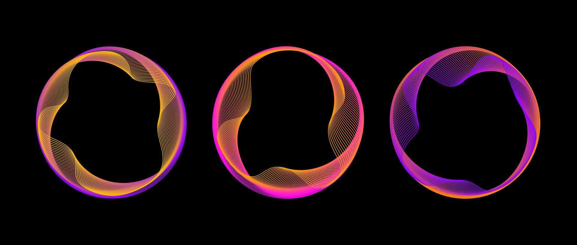 Neon blend circle lines set. Colorful glowing round tech frame collection. Curved wavy line circles on black background. Bright pink purple gradient circular border pack. Design element bundle vector