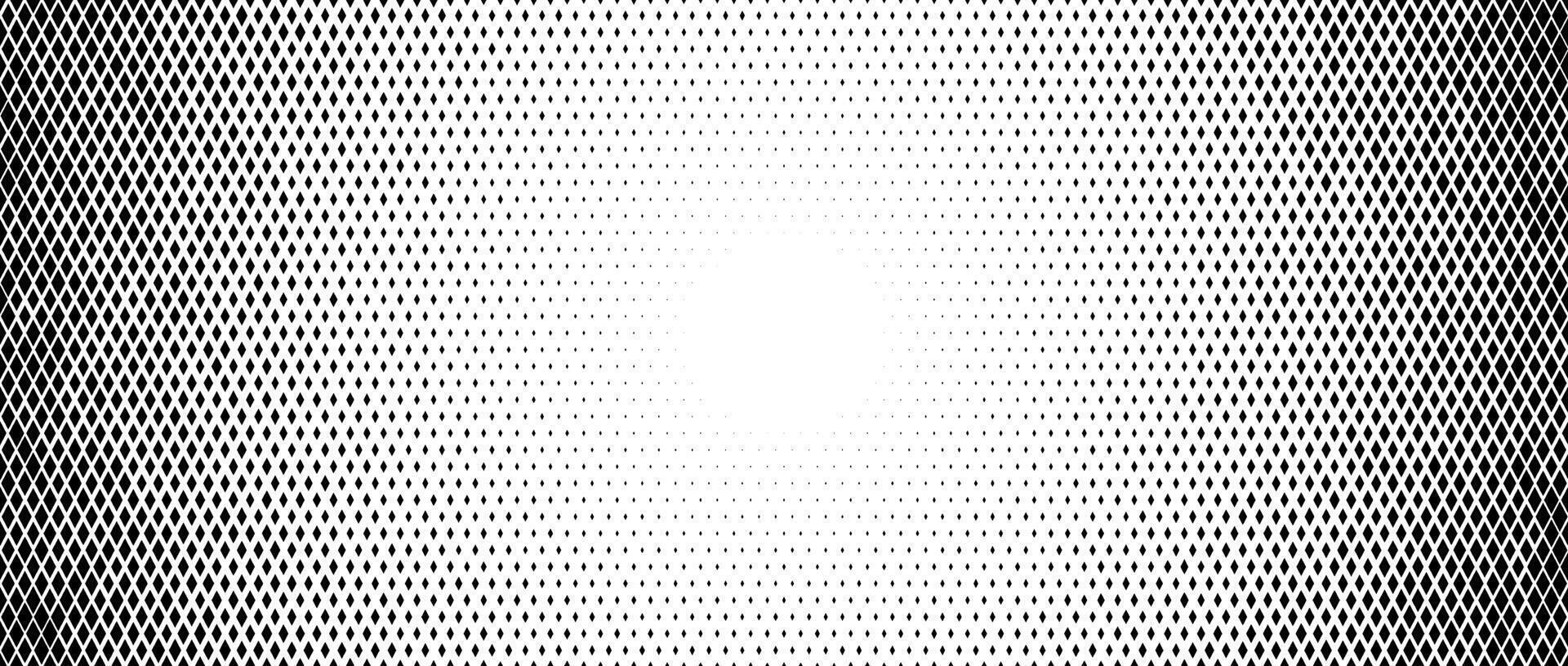 Rhombus dot radial gradient texture. Diamond dots halftone fading pattern. Abstract geometric particles vanishing background. Rhomb shape grunge overlay structure. Black white wallpaper vector