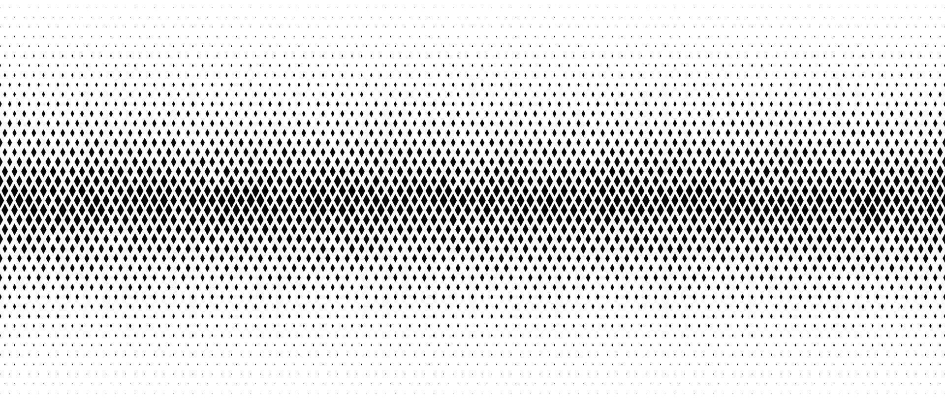 Rhombus gradient halftone texture. Diamond shape dot fading background. Abstract geometric particle vanishing gradation backdrop. Rhomb shape grunge overlay structure. Black and white wallpaper vector