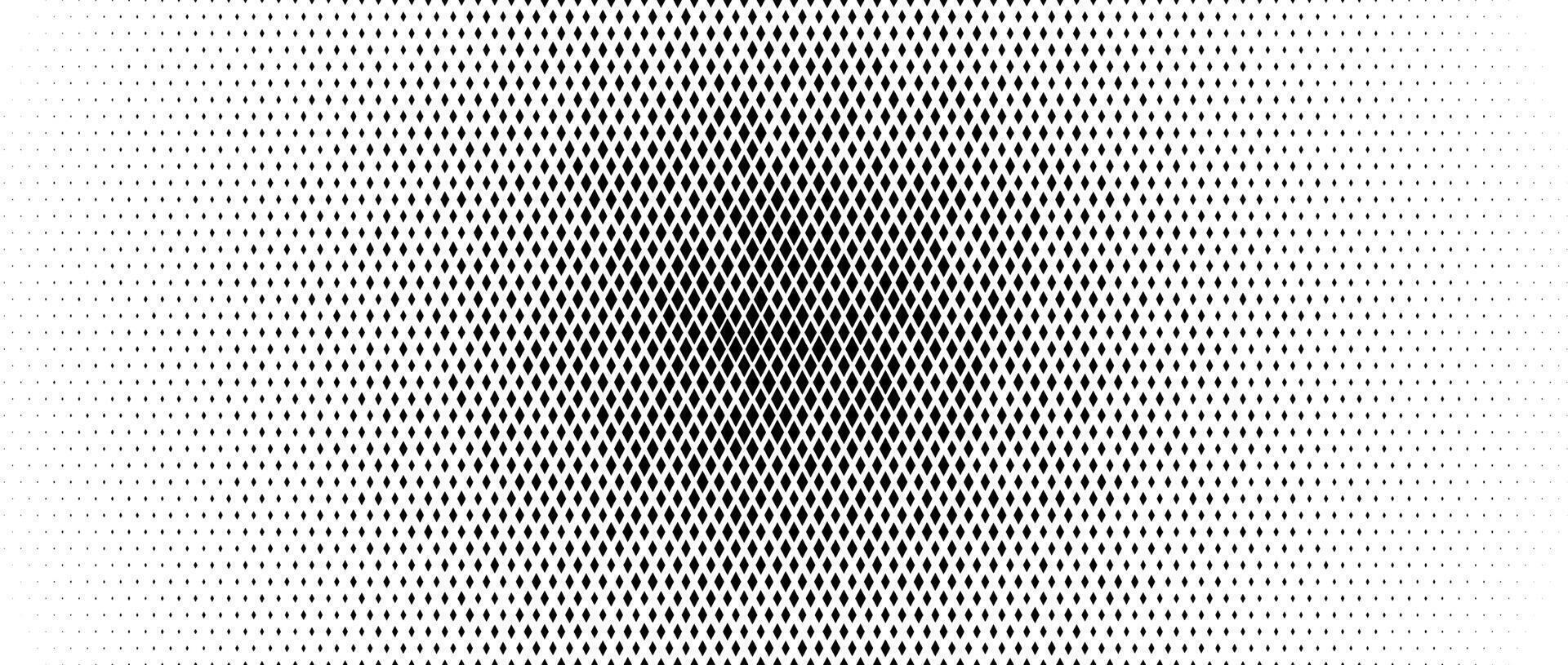 Rhombus dot radial gradient texture. Diamond dots halftone fading pattern. Abstract geometric particles vanishing background. Rhomb shape grunge overlay structure. Black and white wallpaper vector
