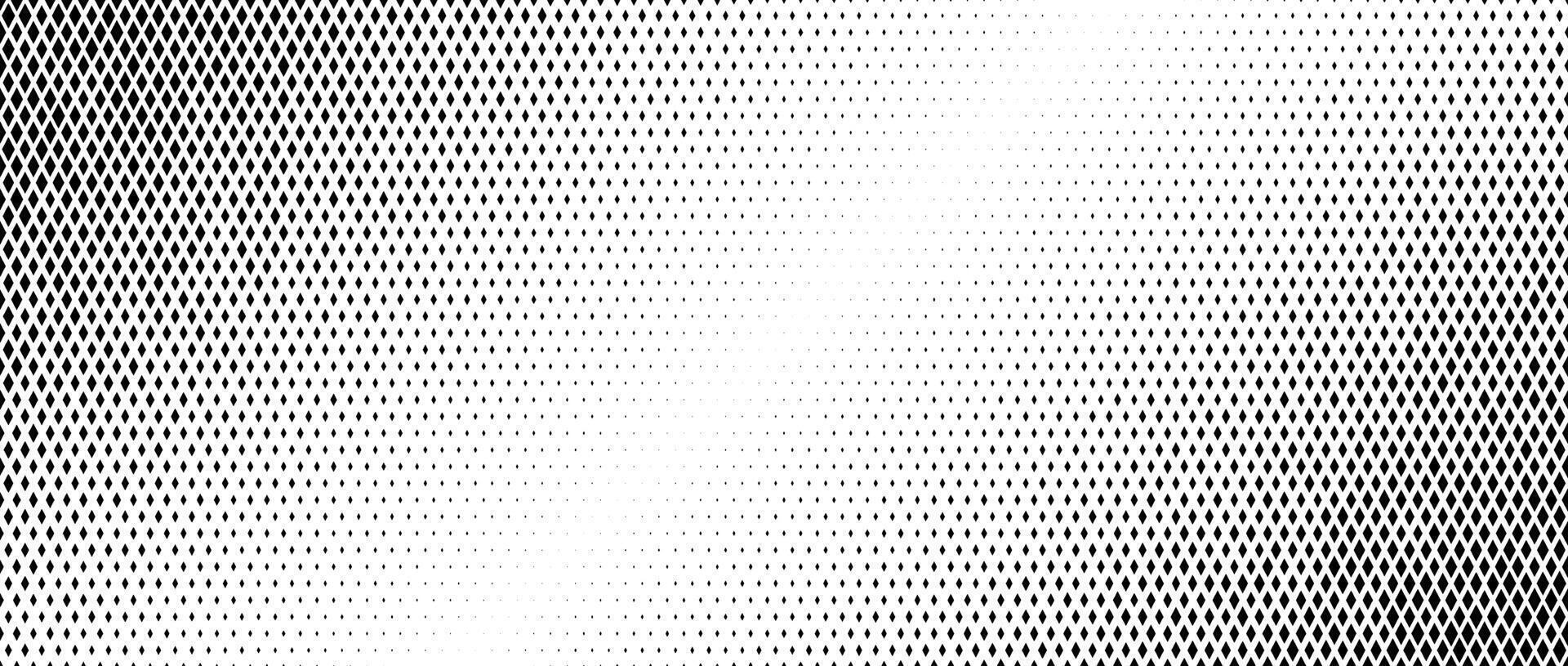 Rhombus diagonal gradient halftone texture. Diamond shape dot fading background. Abstract geometric particle vanishing gradient. Rhomb shape grunge overlay. Black white corner wallpaper vector