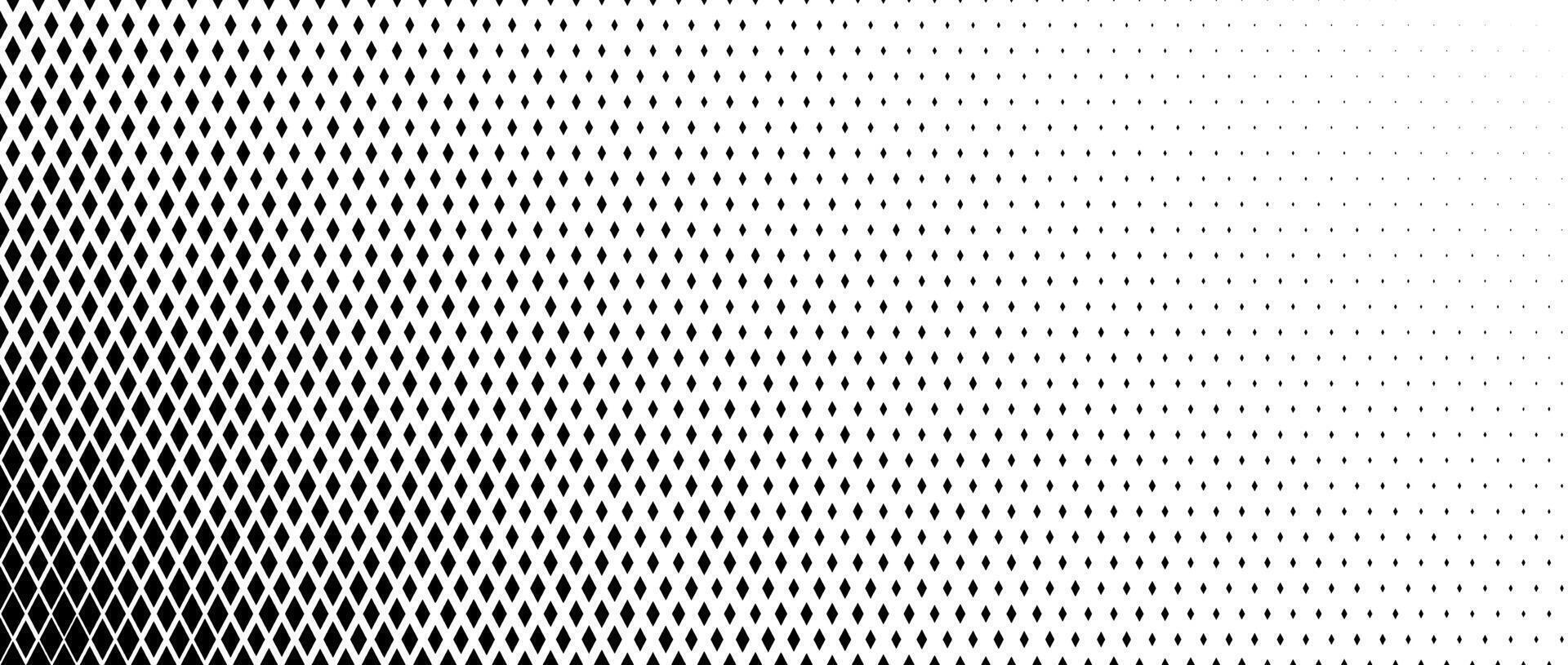 Rhombus gradient corner halftone texture. Diamond shape dot fading pattern. Abstract geometric particle vanish gradient background. Rhomb shape grunge overlay structure. Black white wallpaper vector