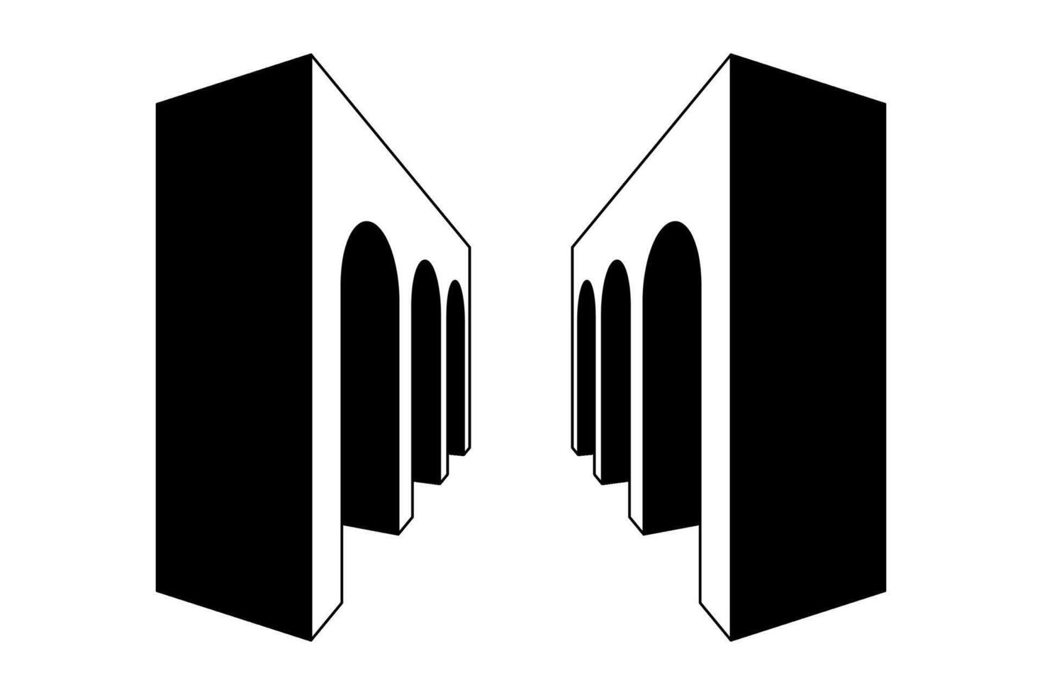 arc gallery path. Black and white surreal arch gate element. Retro 3d vaulted arcade in perspective. Vintage colonnade tunnel concept for collage, poster, banner, brochure, leaflet. vector