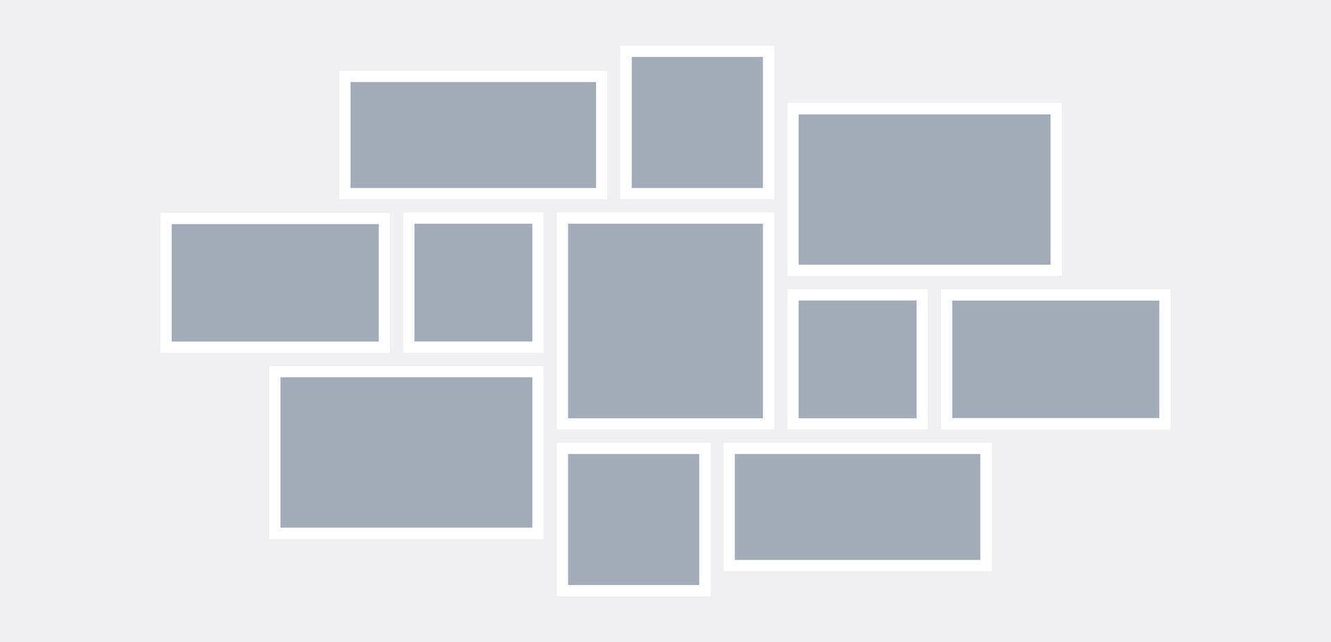 Mood board or photo grid template. Grey mosaic art collage arrangement. Image frame horizontal composition. Wall gallery layout design concept for presentation, poster, mockup, banner, flyer. vector