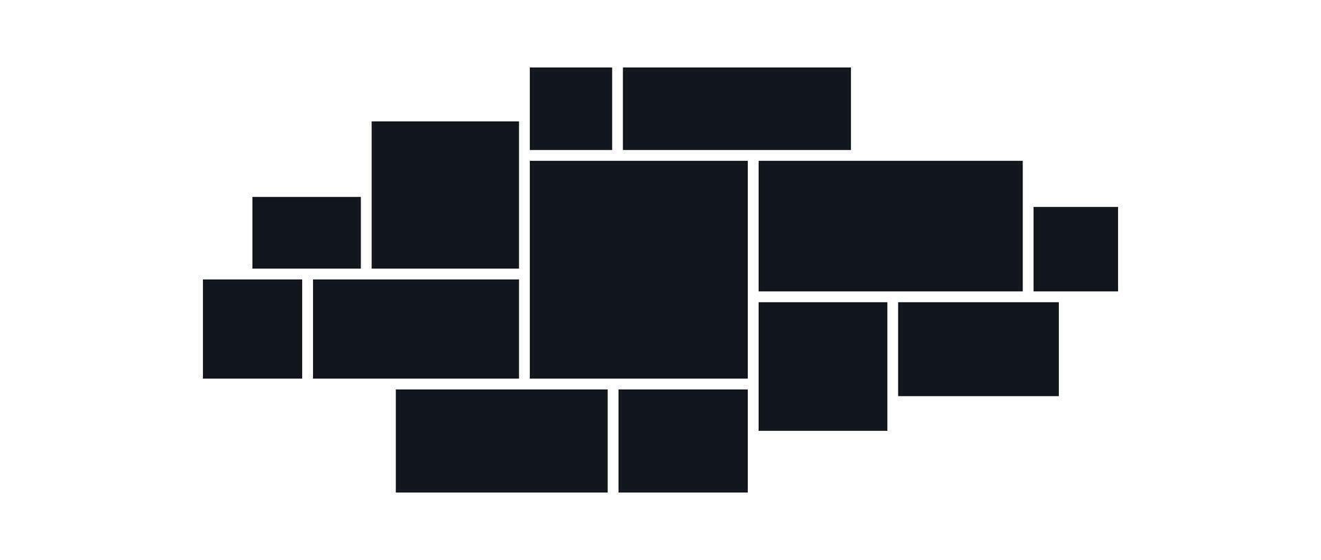 Mood board or photo collage template. Black mosaic art grid arrangement. Picture frame composition portfolio. Wall gallery layout design concept for presentation, poster, mockup, banner. vector