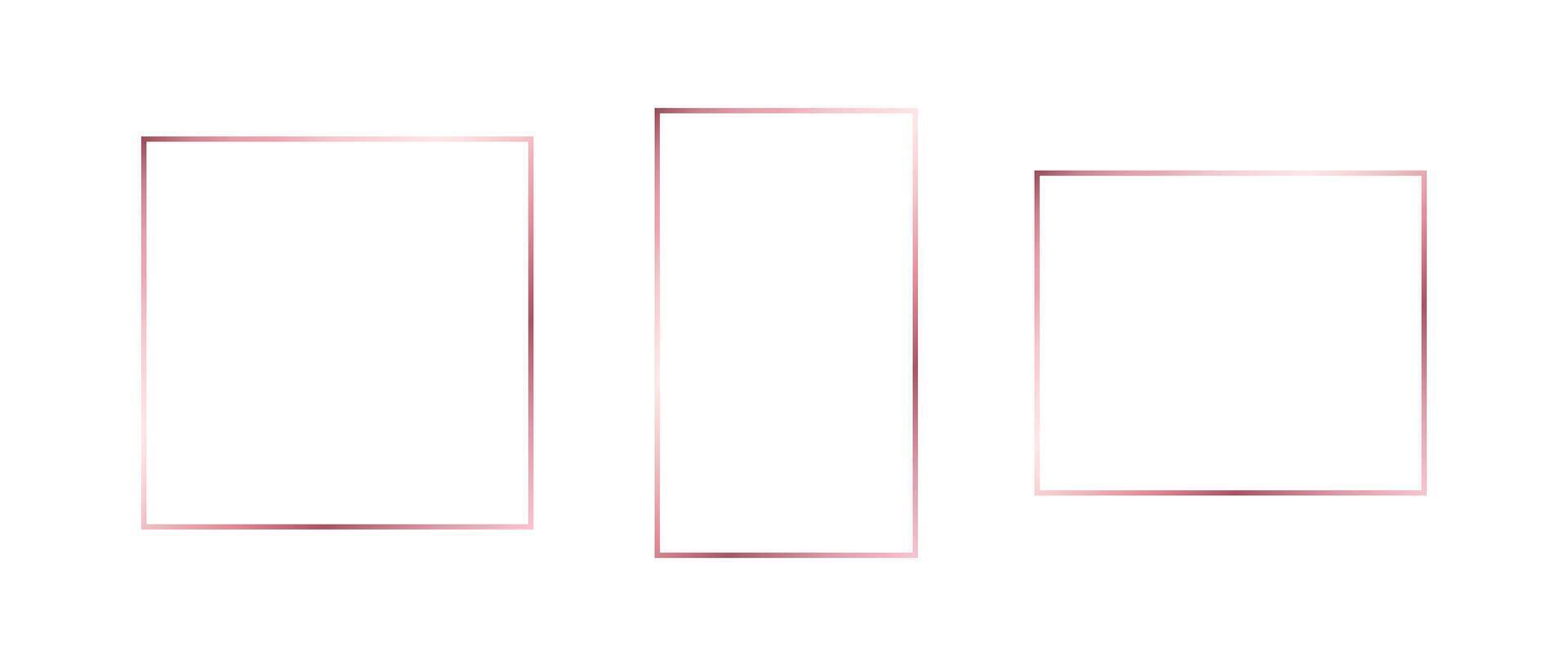 Rose gold thin frame set. Pink gold geometric borders in art deco style. Thin linear square and rectangle collection. Blush glowing shiny boarder element pack. Bundle for photo, cadre, decor vector