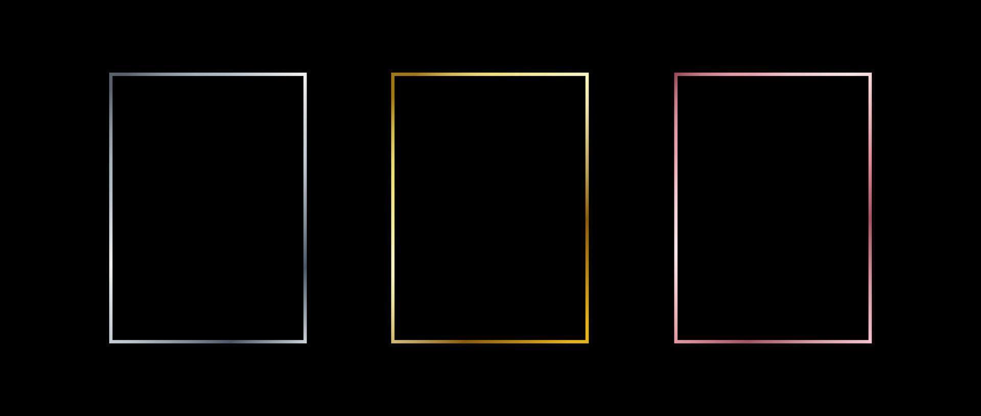 Silver, golden and rose gold thin frames. Shiny art deco rectangle borders set. Thin line glowing grey, yellow and pink boarder element collection. Bundle for Christmas, birthday decor pack vector