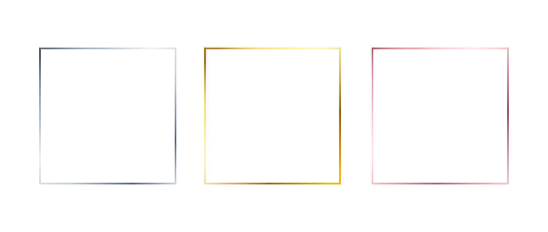Silver, golden and rose gold thin frames. Set of shiny square borders in art deco style. Thin line glowing grey, yellow and pink boarder element collection. Bundle for Christmas, birthday decor vector