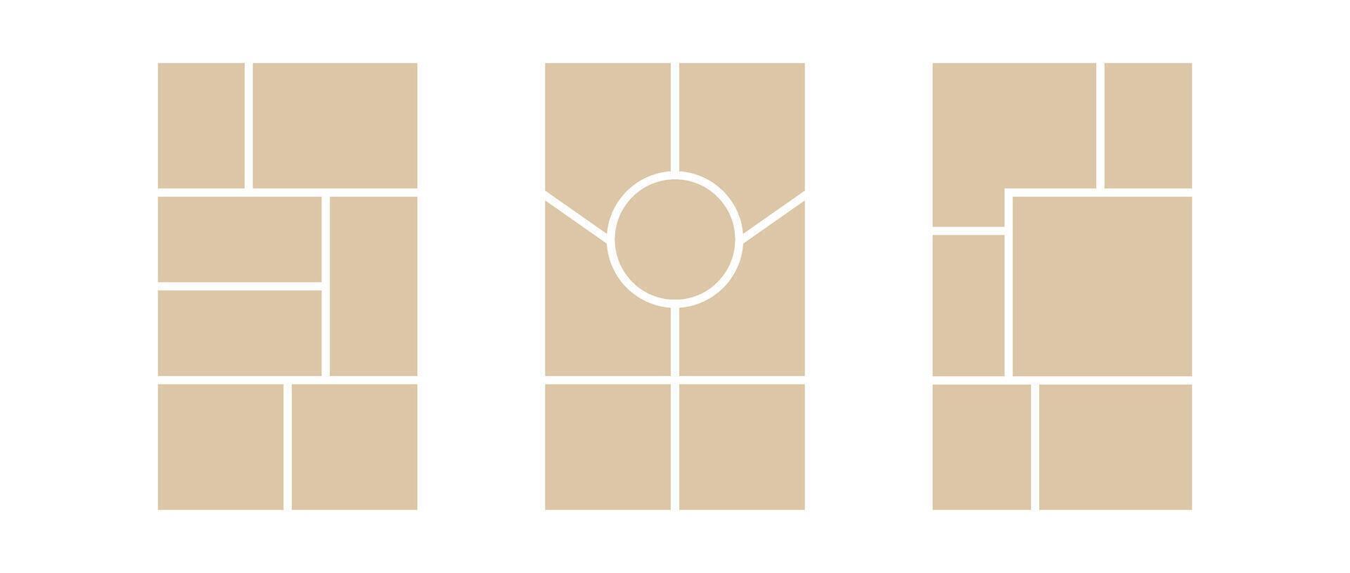 Image collage layout template. Mosaic mood board grid collection. Picture frame set. Photo album concept idea for banner, poster, comic page, flyer, brochure, booklet, memory wall design. vector