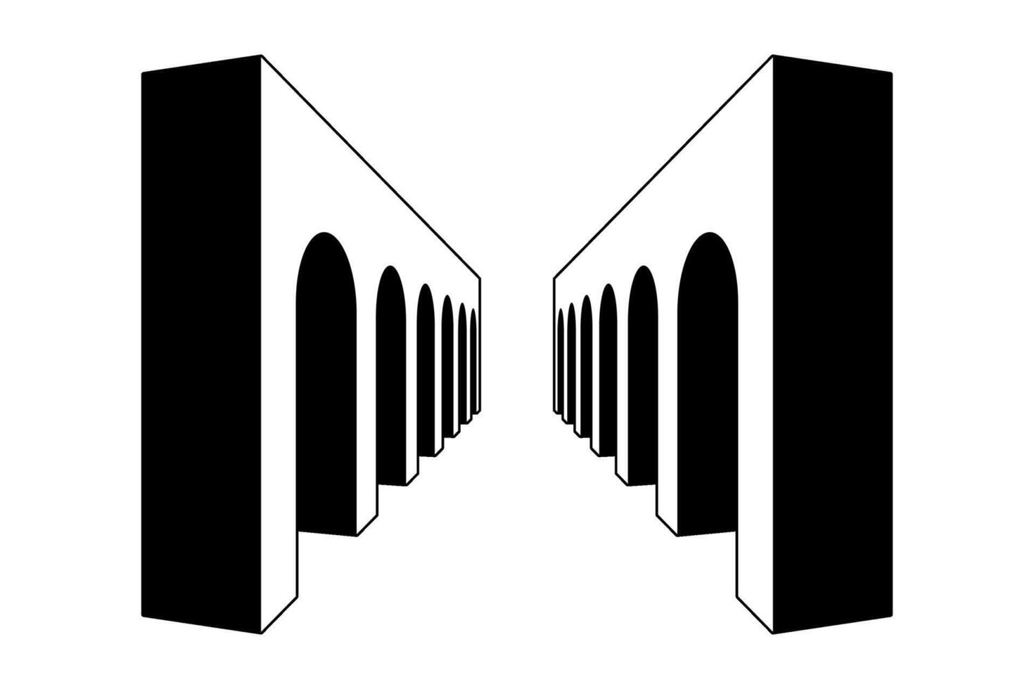 Linear arc gallery path. Black and white surreal arch gate element. Retro 3d vaulted arcade in perspective. Vintage colonnade tunnel concept for collage, poster, banner, booklet, leaflet. vector