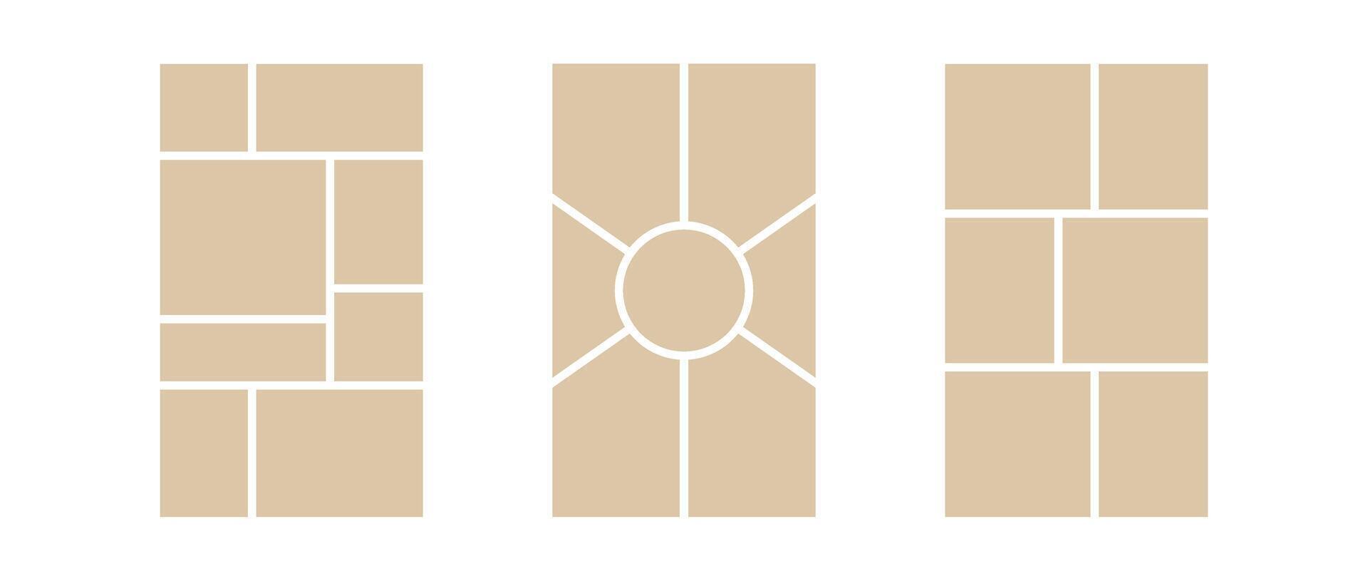 Image collage layout template. Beige mosaic mood board grid collection. Picture frame set. Photo album idea for banner, poster, comic page, flyer, brochure, booklet, memory wall design. vector