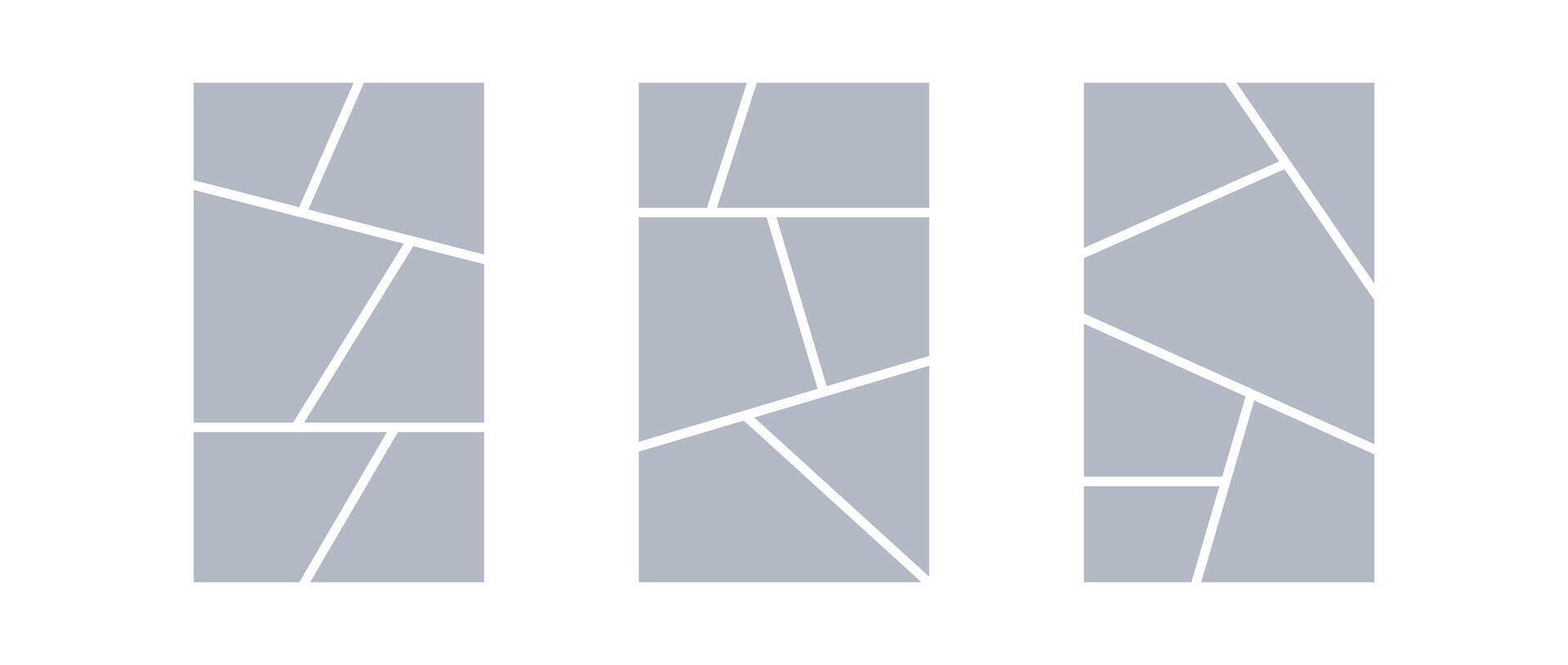 Image collage layout template. Grey mosaic mood board grid collection. Picture frame set. Photo album idea for banner, poster, comic page, flyer, brochure, booklet, memory wall design. vector