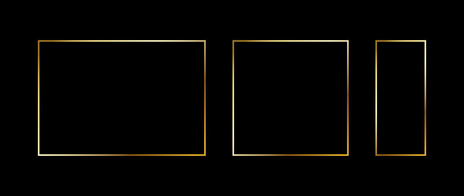 Set of golden thin frames. Gold geometric borders in art deco style. Thin linear square and rectangle collection. Yellow glowing shiny boarder element pack. Bundle for photo, cadre, decor vector