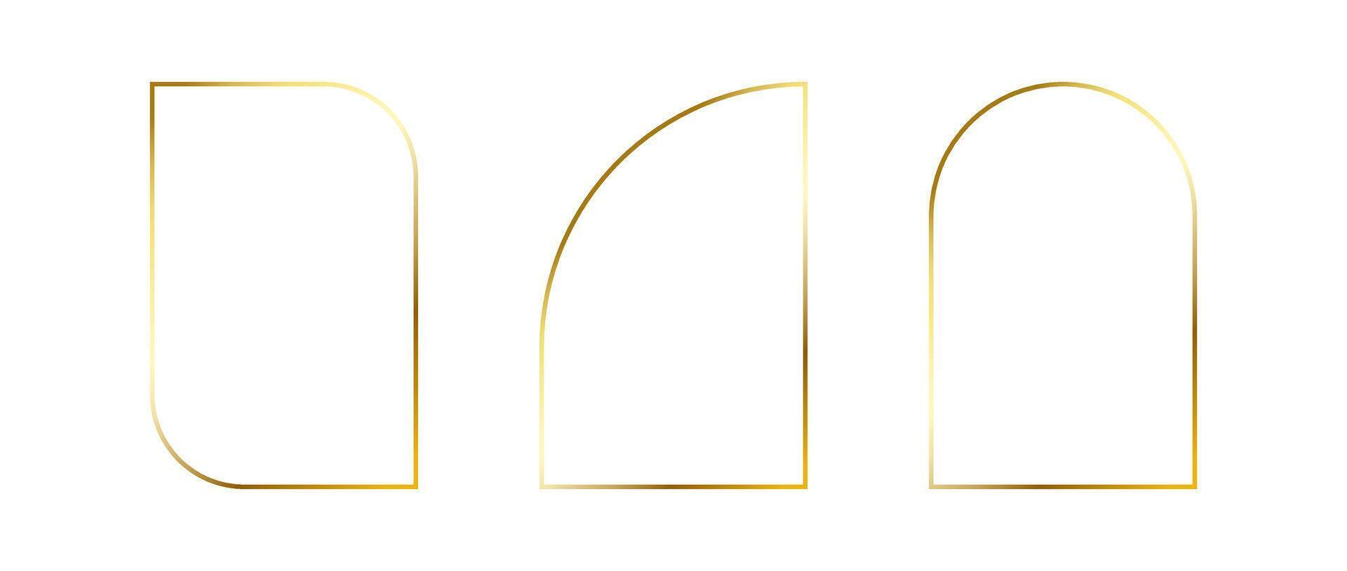 Golden thin frames set. Gold geometric borders in art deco style. Thin linear arch and curved shape collection. Yellow glowing shiny boarder element pack. Bundle for photo, cadre, decor, poster vector