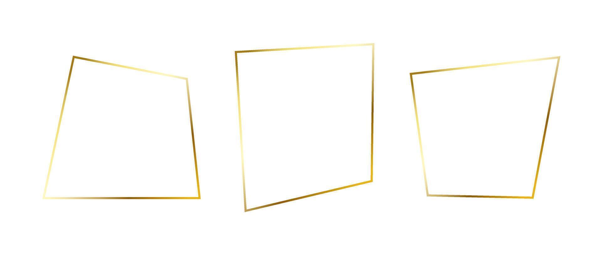 Set of golden thin frames. Gold foil geometric borders in art deco style. Thin linear irregular square collection. Yellow glowing shiny boarder element pack. Bundle for photo, cadre, decor vector