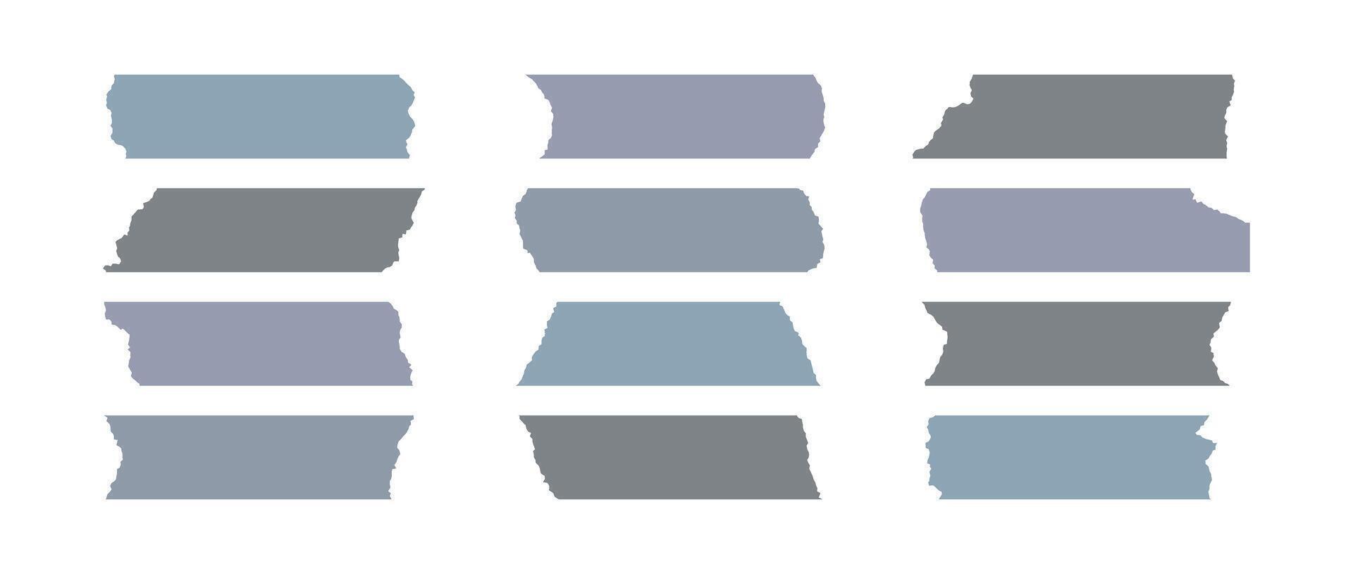 Grey adhesive tape piece set. Scotch stripes with torn jagged edges. Plastic duct tape band collection. Sticky masking paper for package wrap, blank tag, label, sticker, decoration. vector