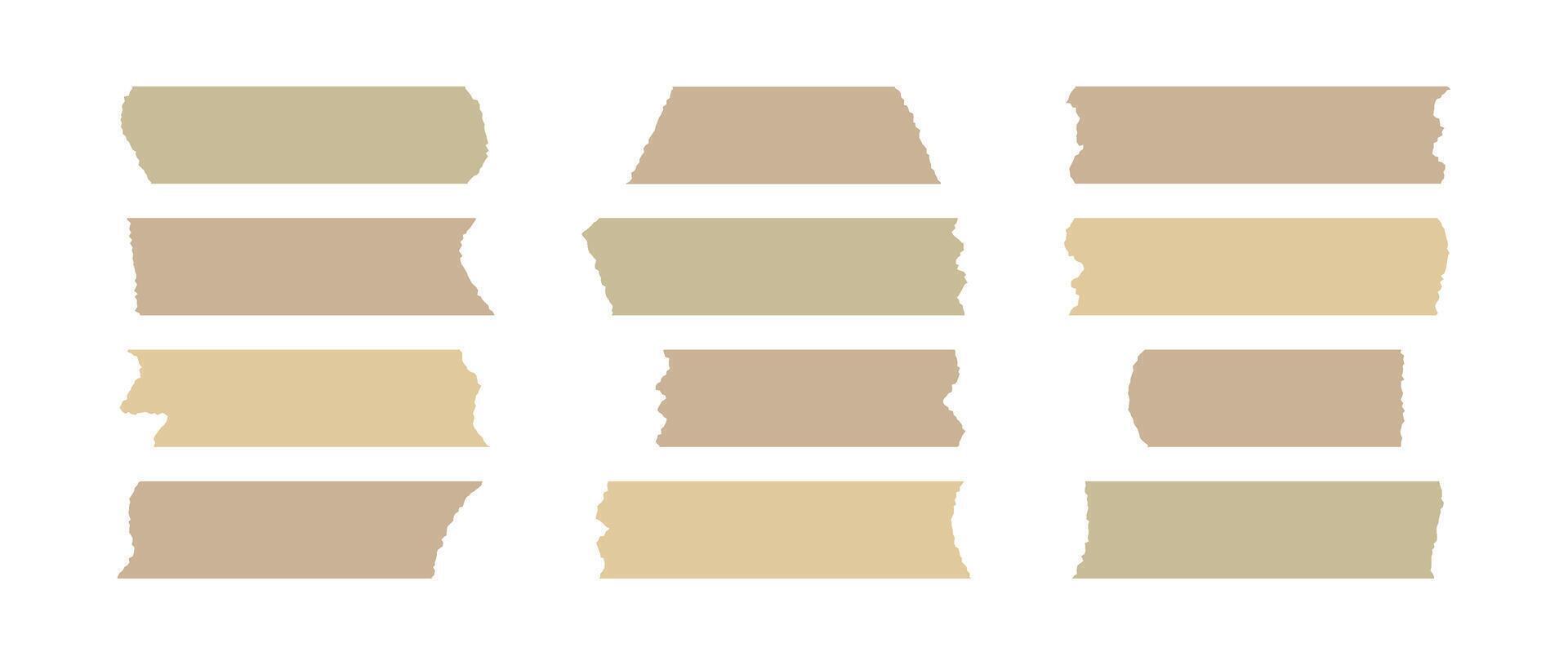 Beige adhesive tape pieces set. Scotch stripes with torn jagged edges. Plastic duct tape band collection. Sticky masking paper for package wrap, blank tag, label, sticker, decoration. vector