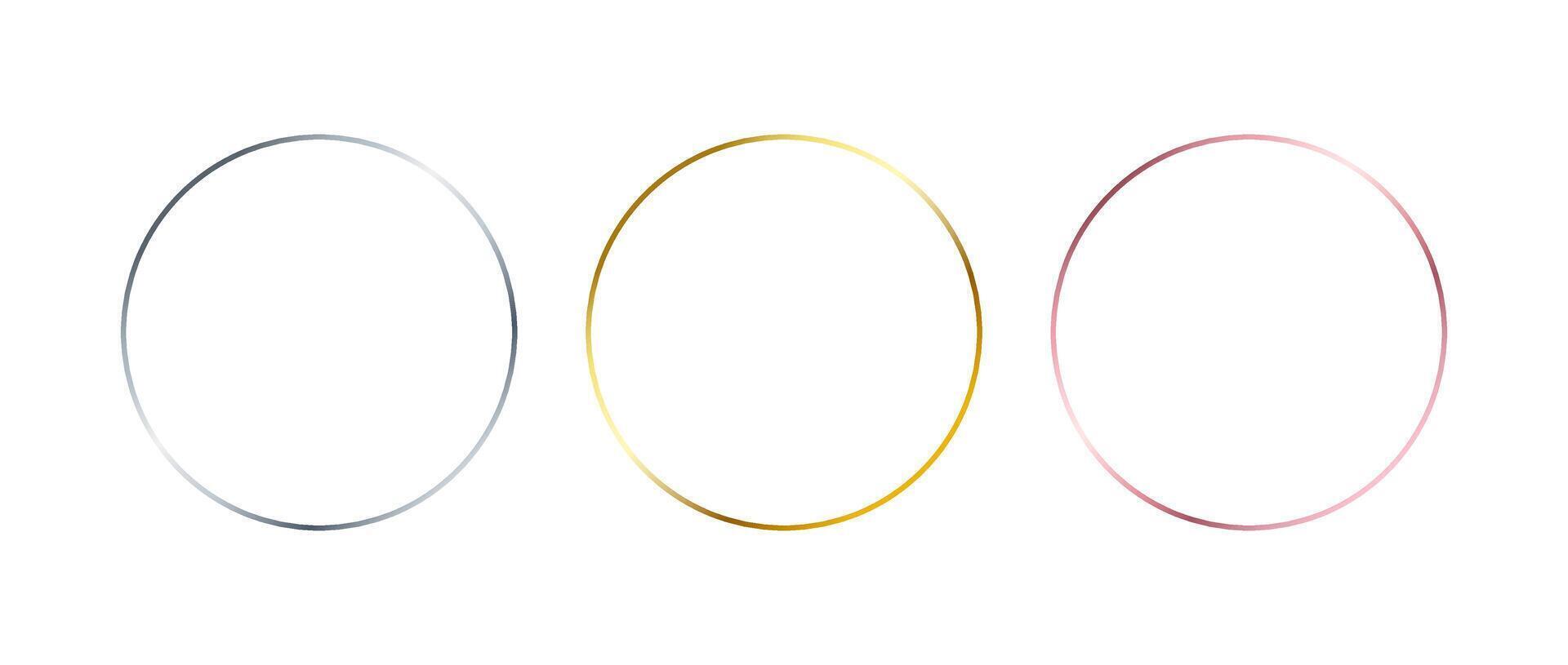 Silver, golden and rose gold thin round frames. Art deco shiny circle borders set. Thin line glowing grey, yellow and pink boarder element collection. Bundle for Christmas, birthday decor vector