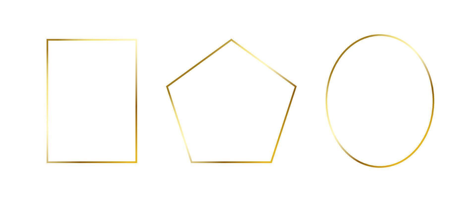 Golden thin frames set. Gold geometric borders in art deco style. Thin linear rectangle, oval and pentagon collection. Yellow glowing shiny boarder element pack. Bundle for photo, cadre, decor vector