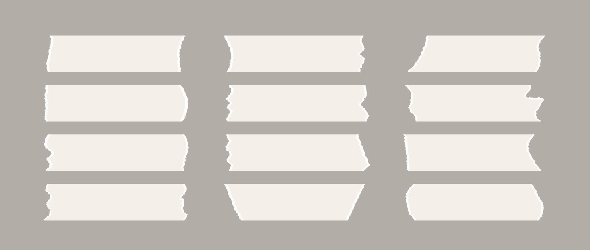 Ripped adhesive tape piece set. Scotch stripes with torn jagged edges. Beige paper duct tape band collection. Sticky masking paper for package wrap, blank tag, label, sticker, decoration. vector
