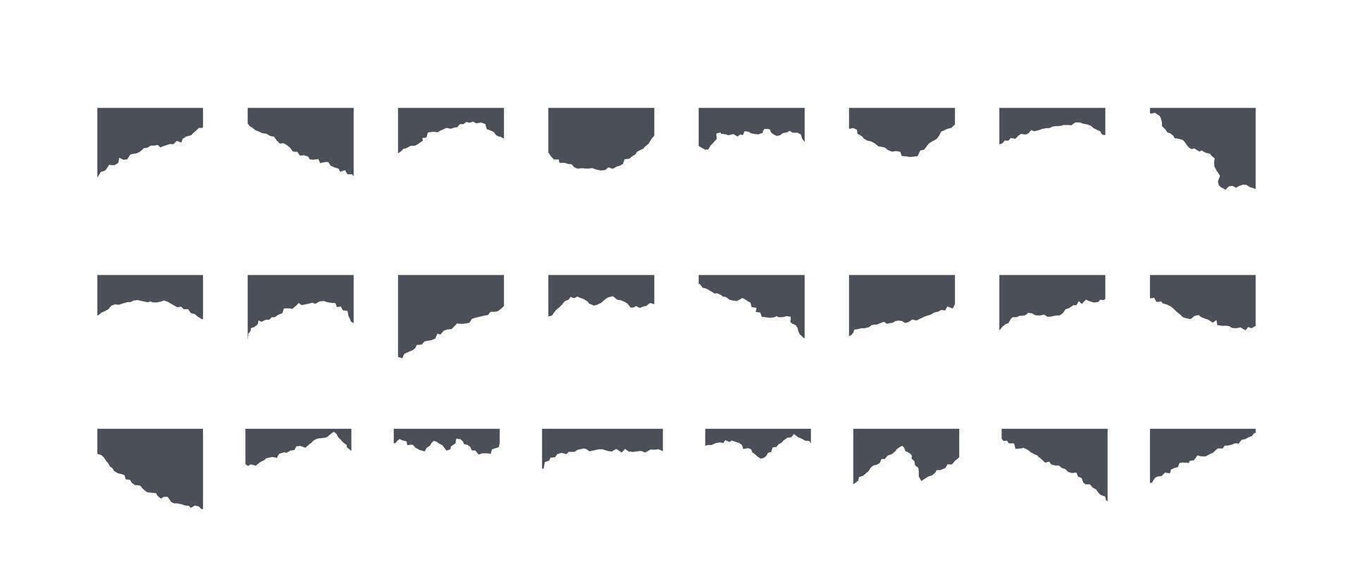 Torn paper pieces set. Black grunge paper strip collection. Blank note scraps with jagged edge. Ripped sheet page elements for banner, poster, notebook, brochure, card, background. vector