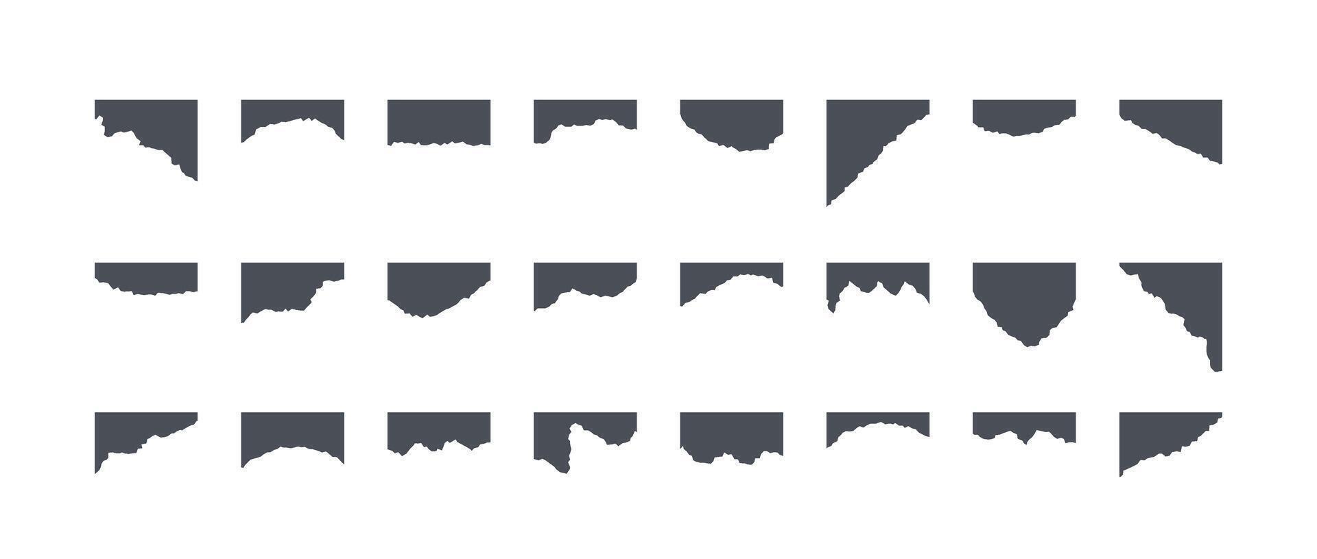 Set of torn paper pieces. Black grunge paper strip collection. Blank note scraps with jagged edge. Ripped sheet page elements for banner, poster, notebook, brochure, card, background. vector