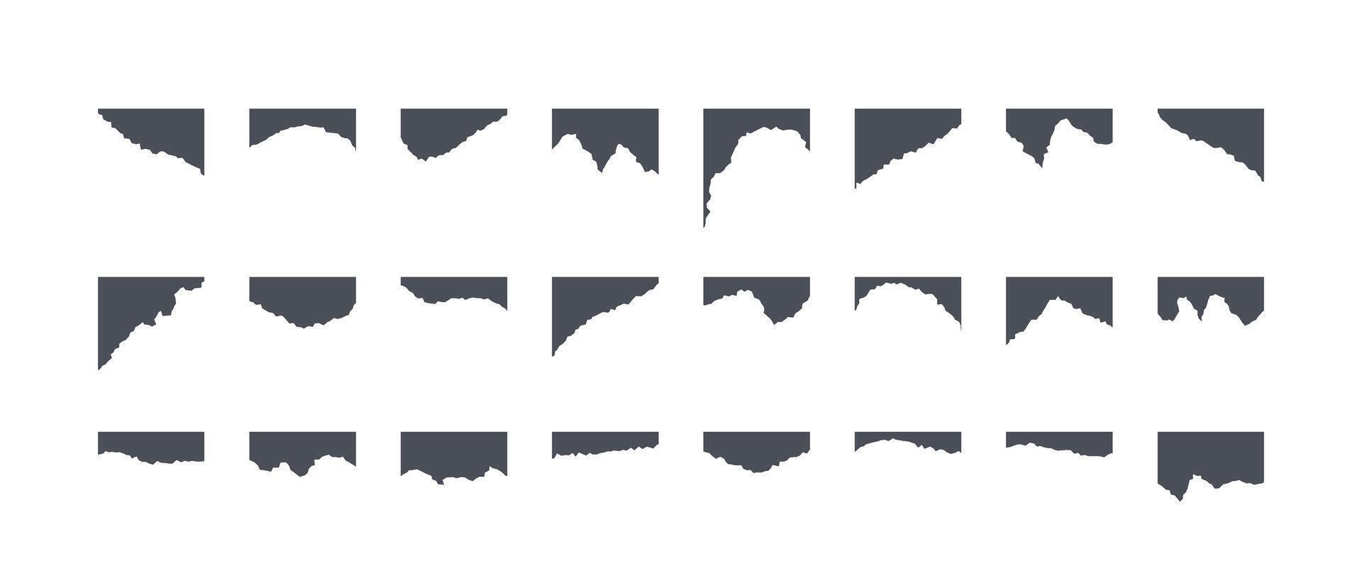 Black torn paper pieces set. Grunge paper strip collection. Blank note scraps with jagged edge. Ripped sheet page elements for banner, poster, notebook, brochure, card, background. vector