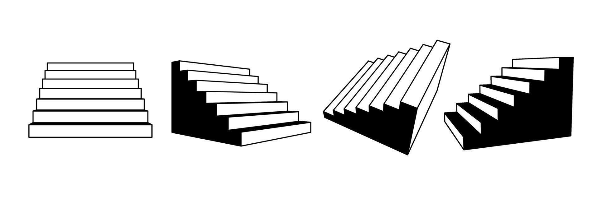 Simplified 3d stairways set. Linear staircase in different perspective. Black and white stair steps collection. Graphic design element pack concept for success, growth, promotion, progress. vector