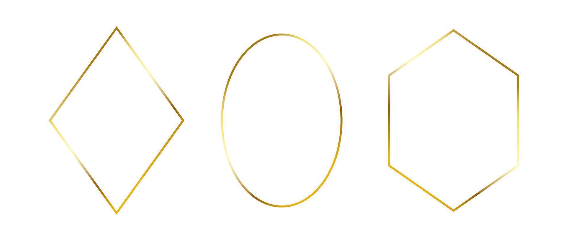 Golden thin frames set. Gold geometric borders in art deco style. Thin linear diamond, ellipse and rhombus collection. Yellow glowing shiny boarder element pack. Bundle for photo, cadre, decor vector