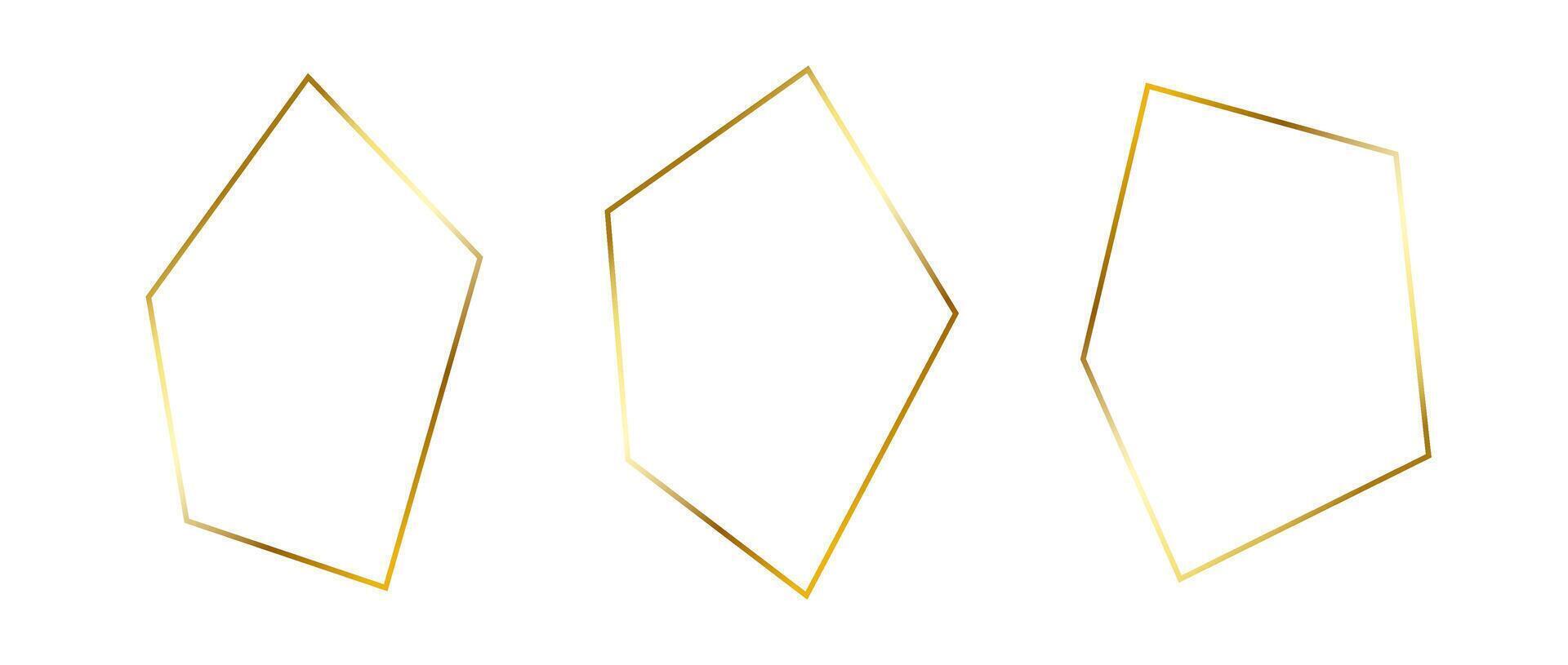 Golden thin frame set. Gold foil geometric borders in art deco style. Thin linear irregular square collection. Yellow glowing shiny boarder element pack. Bundle for photo, cadre, decoration vector