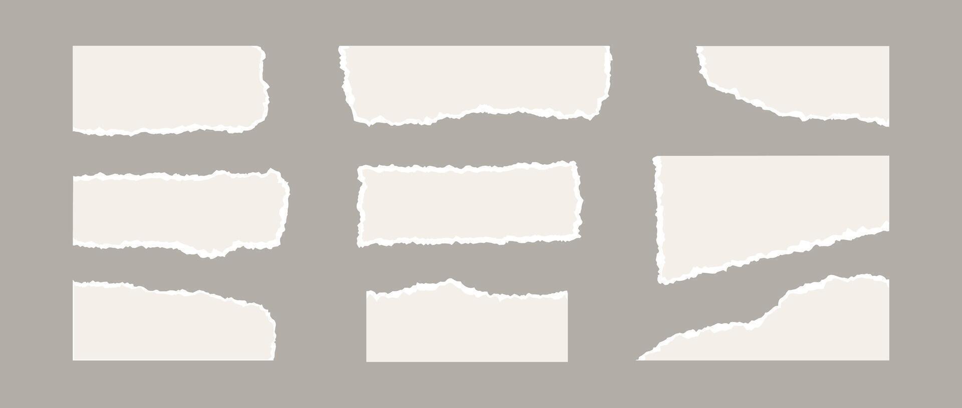 Torn paper piece collection. Beige shapes with jagged uneven edges. Ripped different paper fragment set. Textured grunge element bundle for collage, text box, banner, sticker, poster, flyer. vector